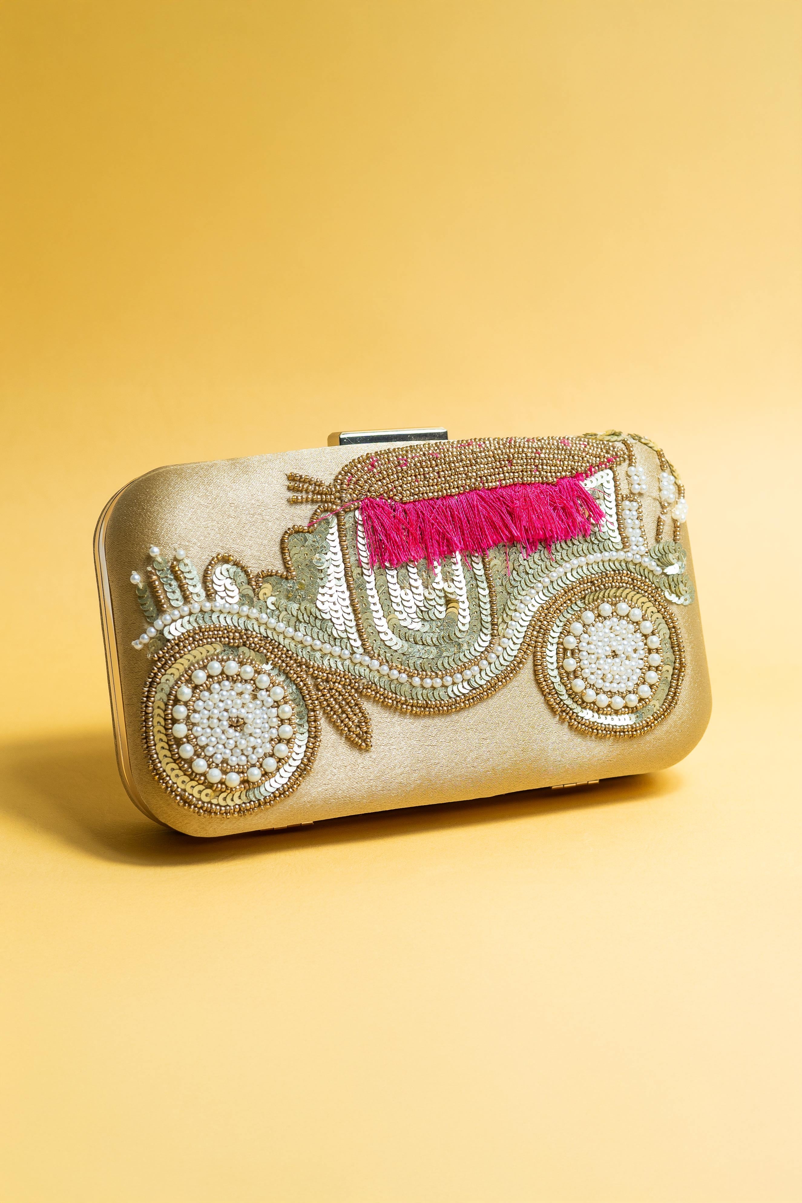Gold silk clutch purse/bag, hand made embroidery clutch bag with detachable metal sling