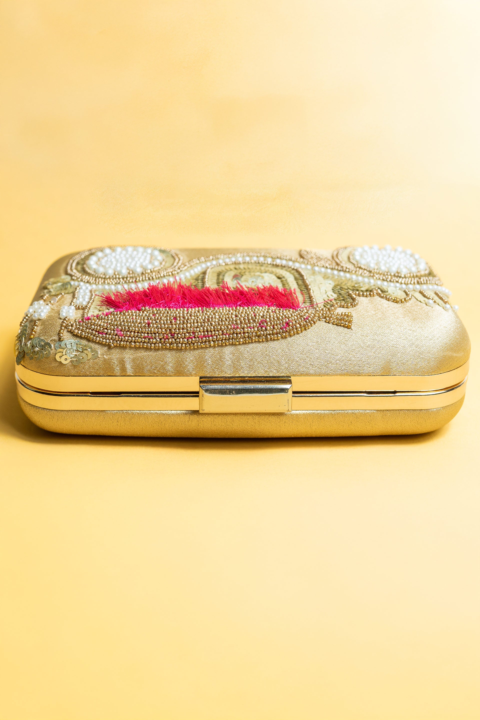 Gold silk clutch purse/bag, hand made embroidery clutch bag with detachable metal sling