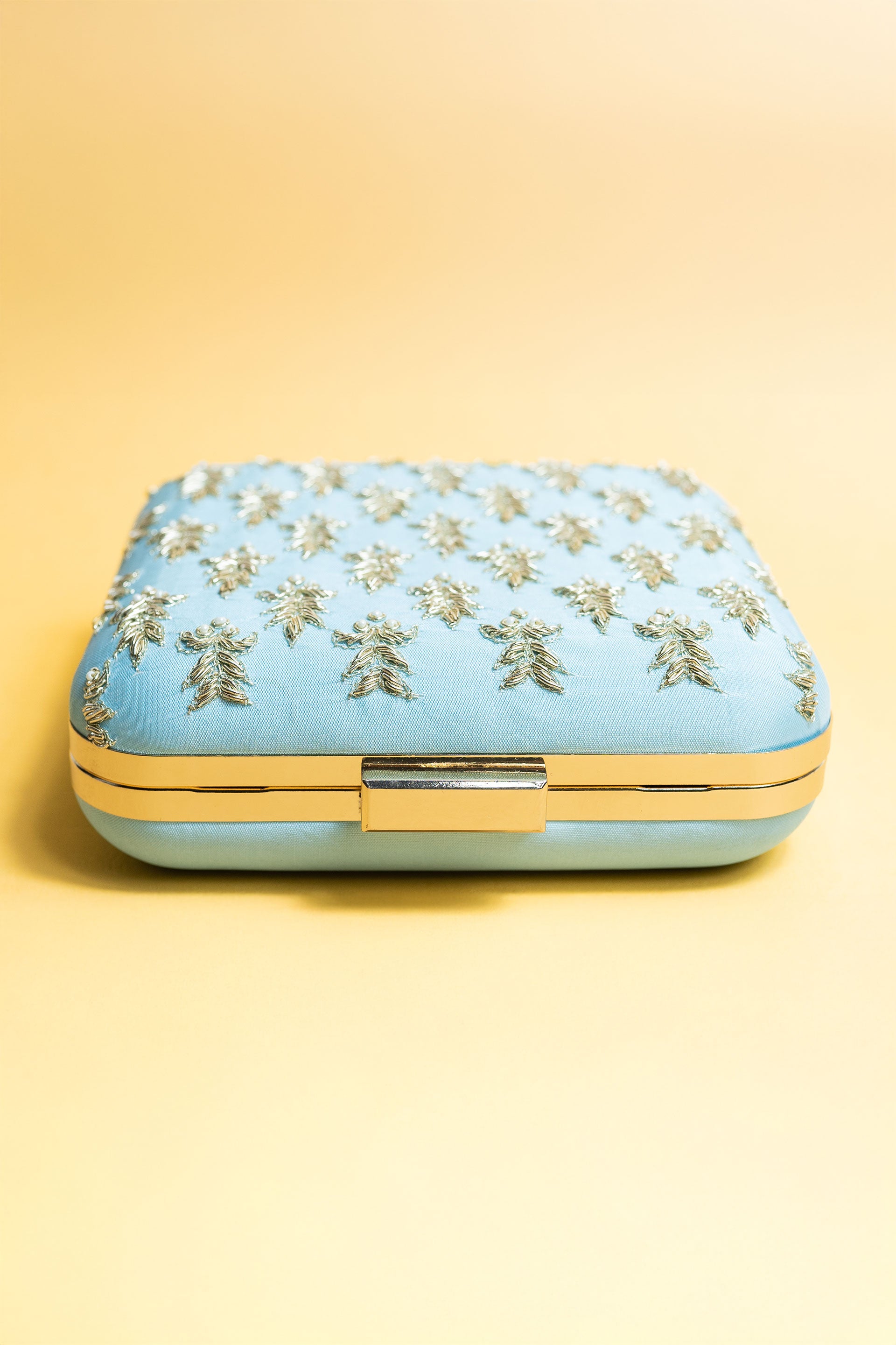 Powder blue and gold square hand made bead embroidery and pure silk clutch bag detachable sling