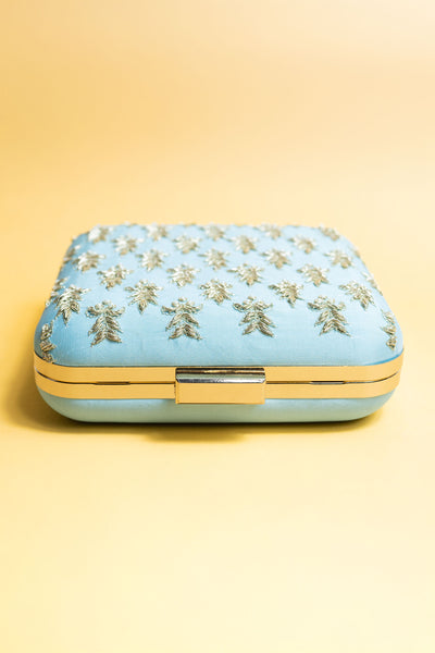 Powder blue and gold square hand made bead embroidery and pure silk clutch bag detachable sling image 3