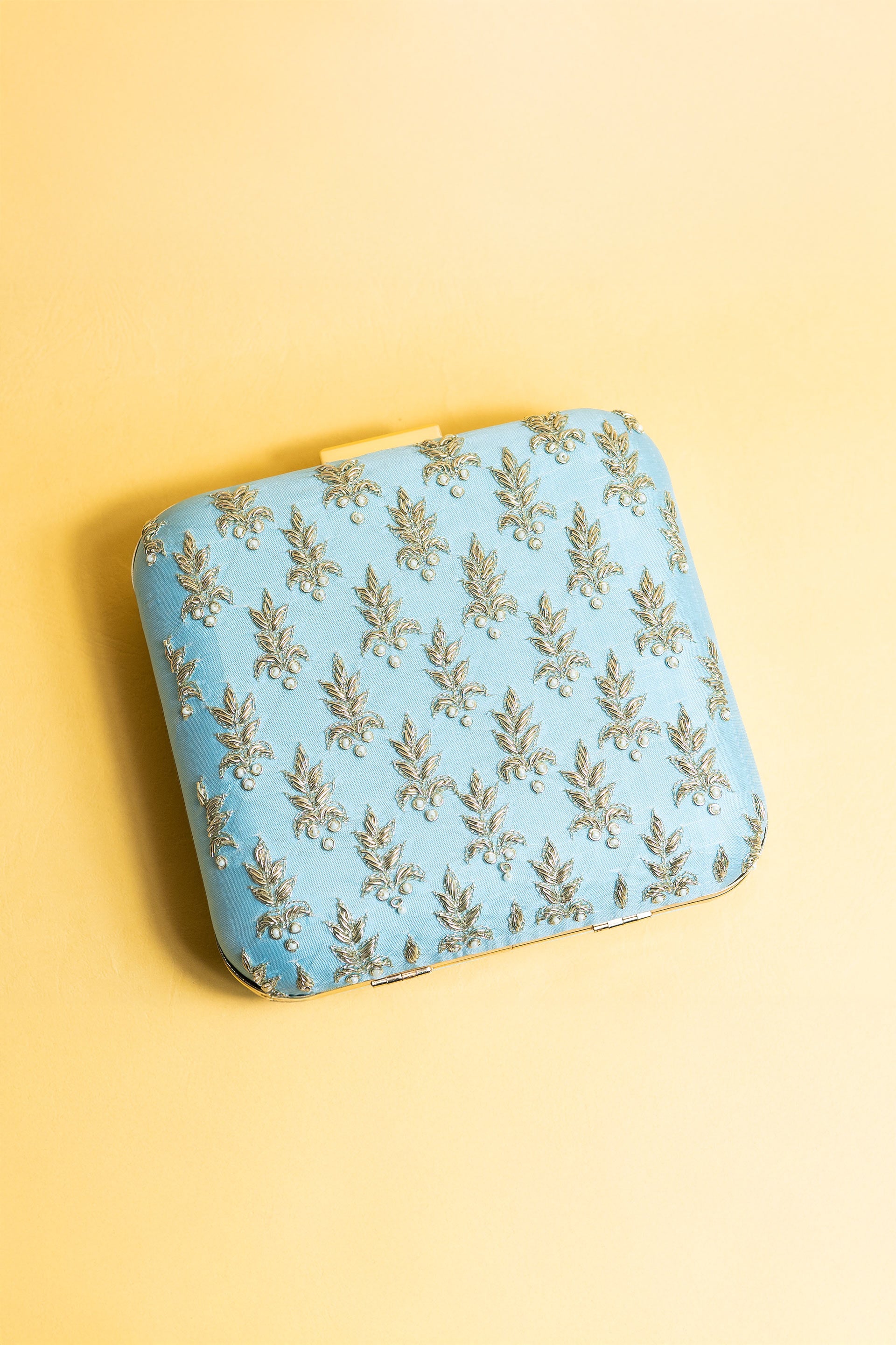 Powder blue and gold square hand made bead embroidery and pure silk clutch bag detachable sling