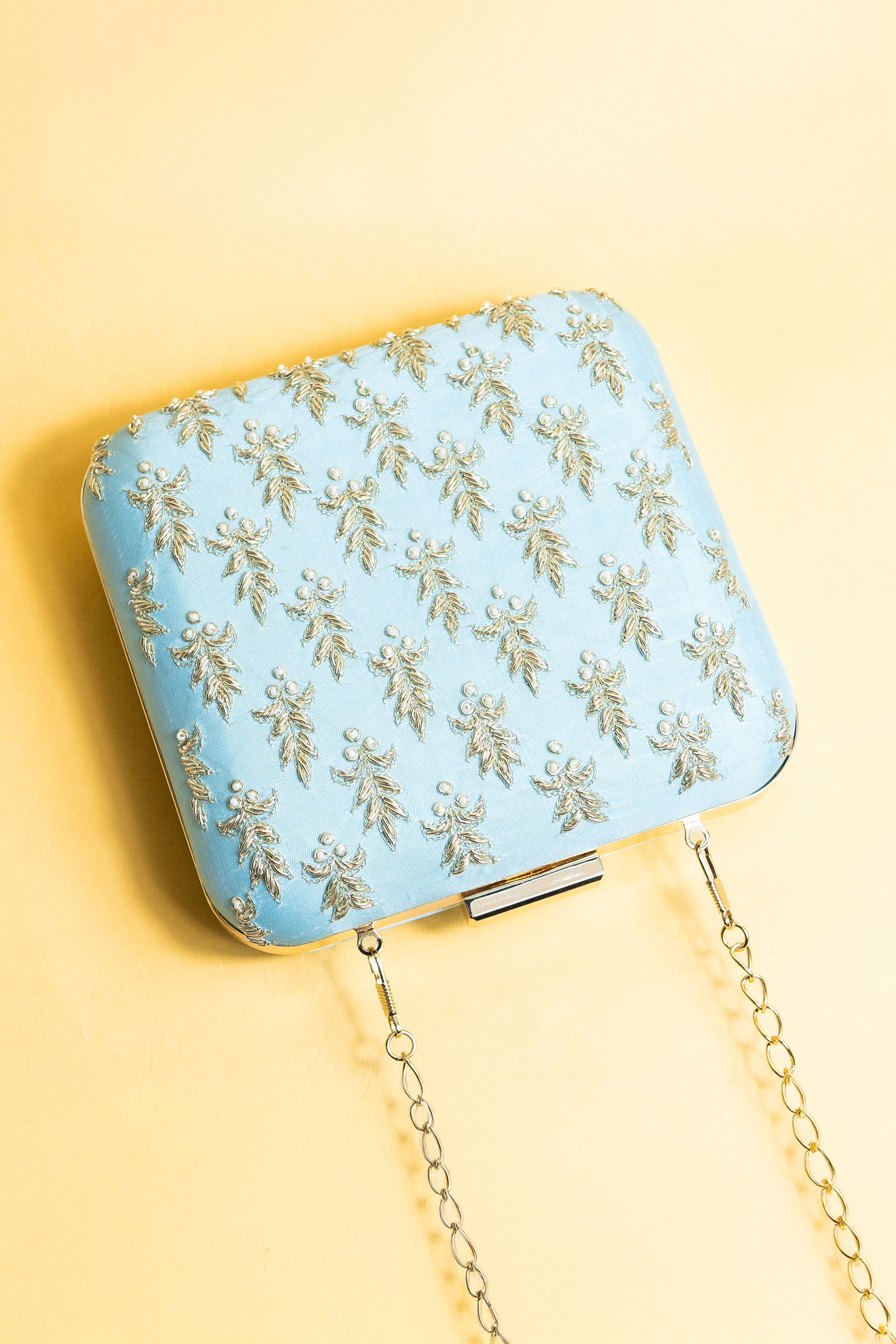 Powder blue and gold square hand made bead embroidery and pure silk clutch bag detachable sling