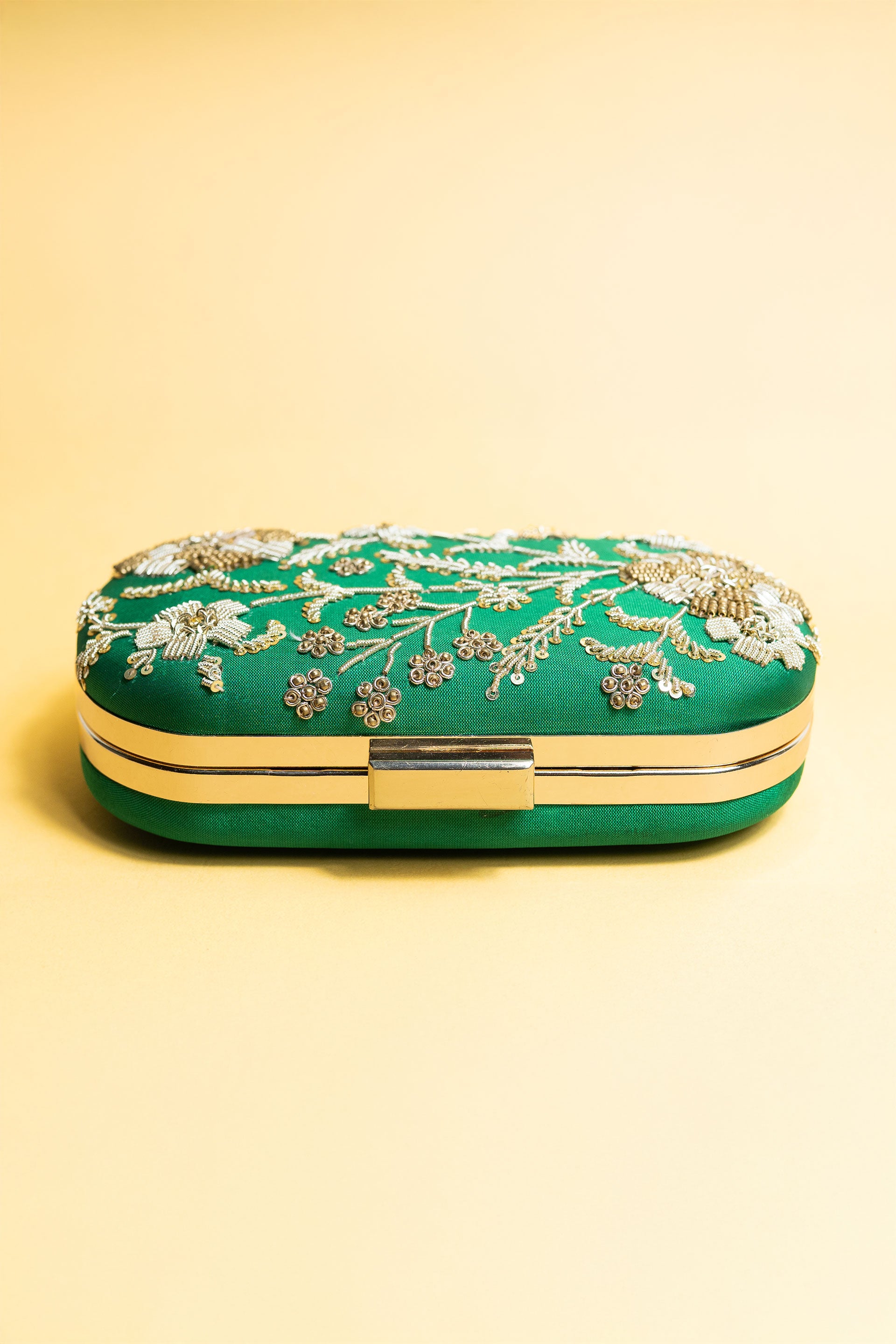 Green bead embroidery clutch bag with detachable sling