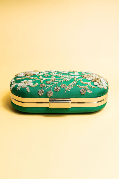 Green bead embroidery clutch bag with detachable sling image 3