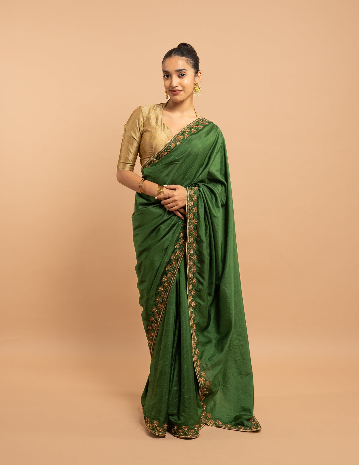 Green zardozi and bead work saree – Chanderi silk