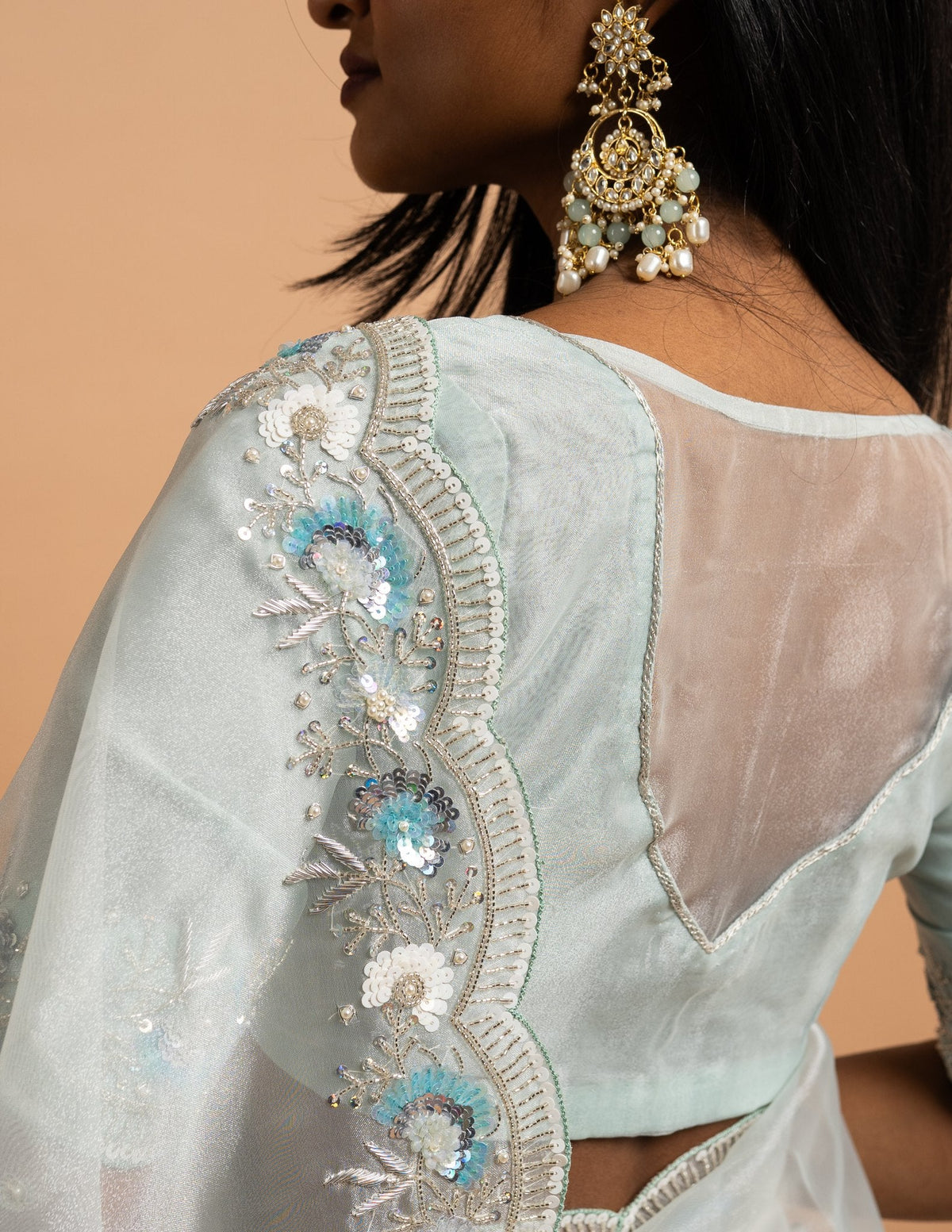 Ice blue floral sequin saree – Organza silk