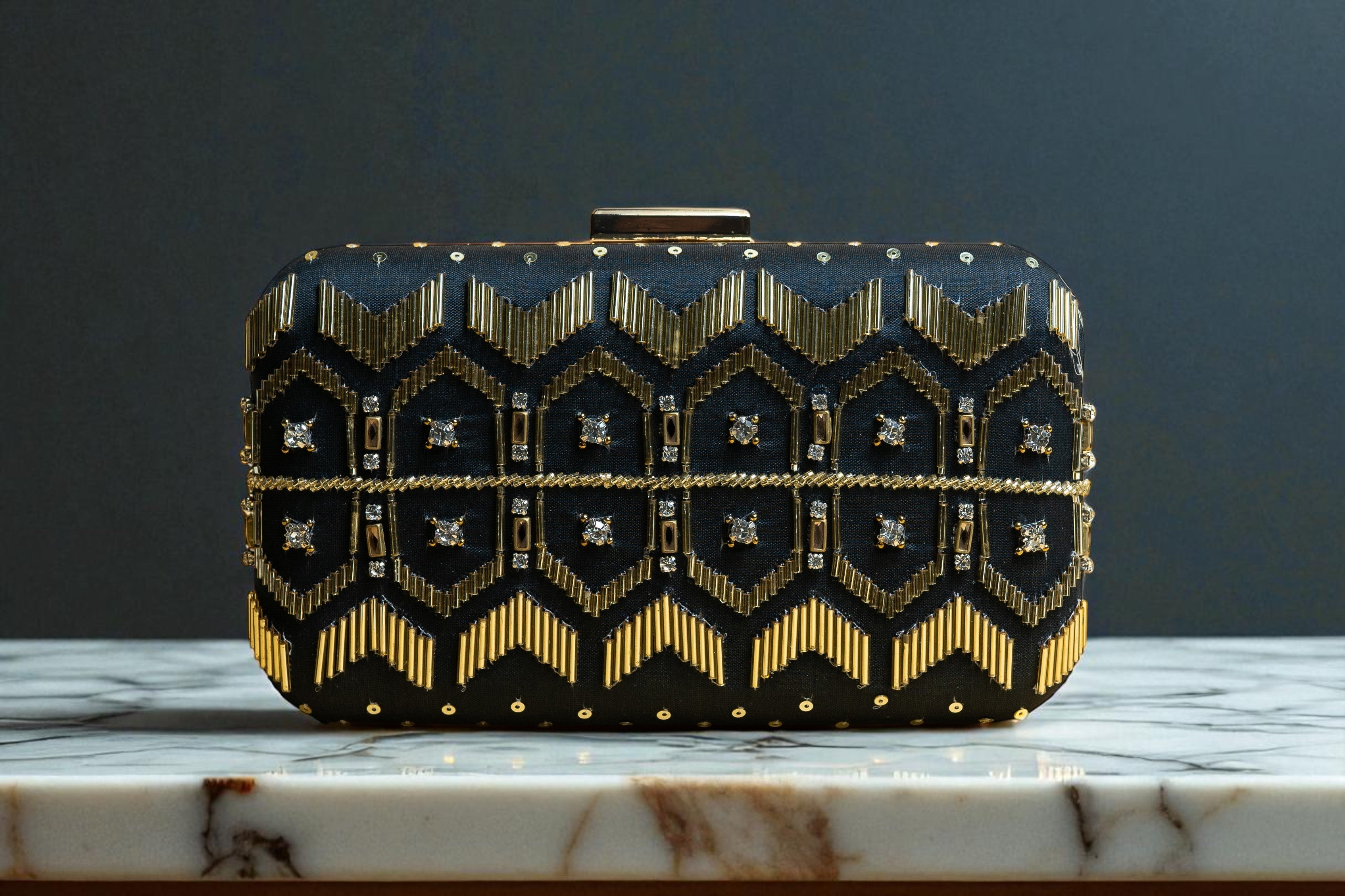 Black and Gold silk clutch purse/bag with detachable metal sling