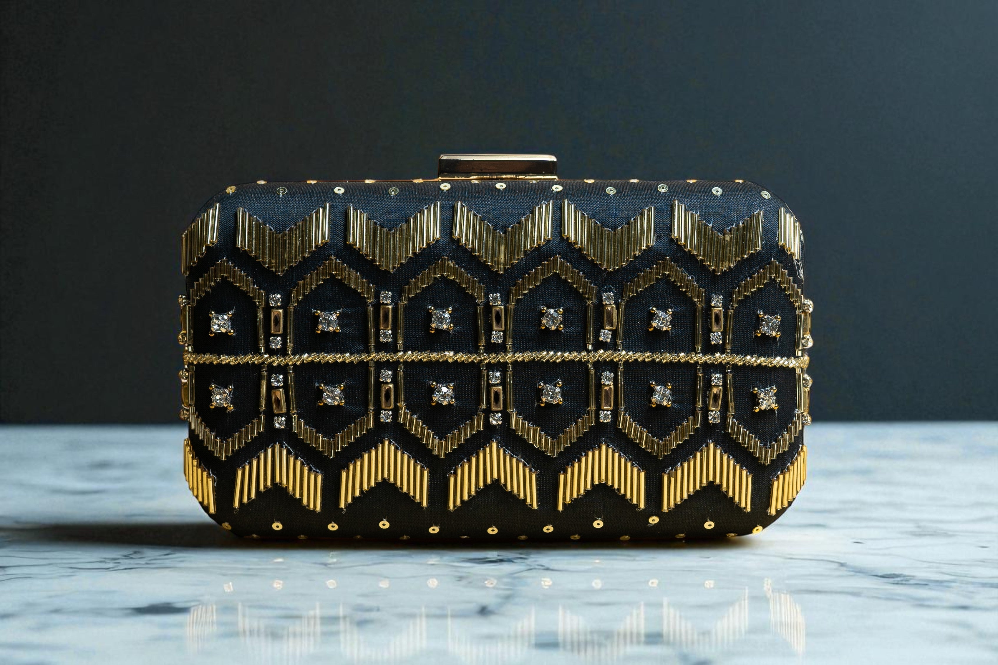 Black and Gold silk clutch purse/bag with detachable metal sling
