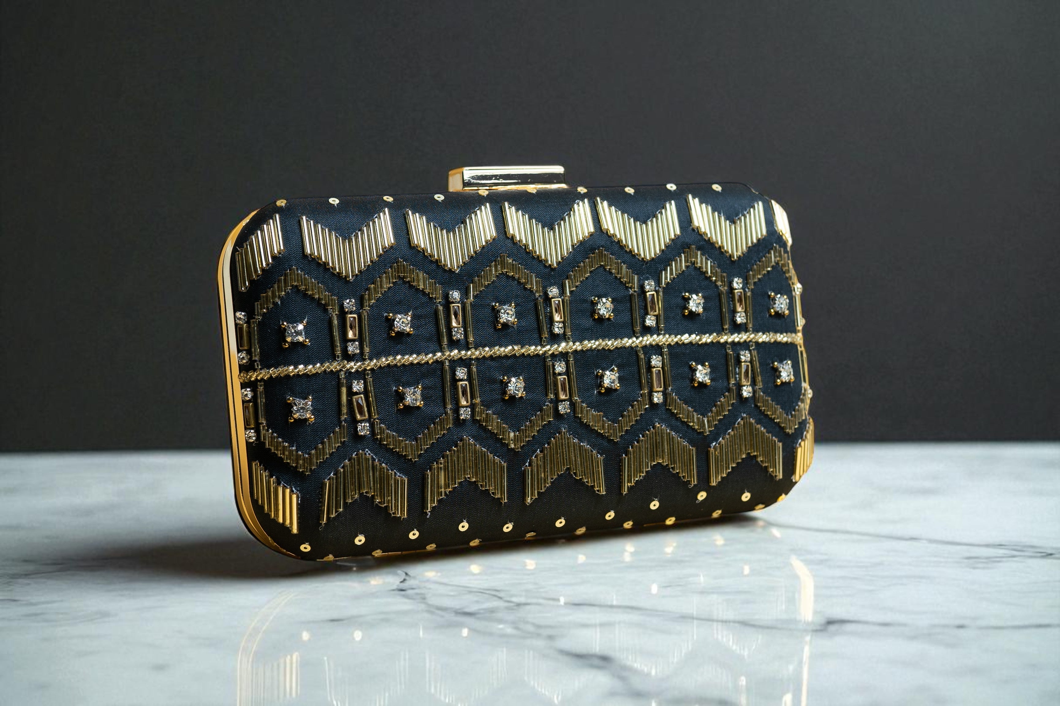 Black and Gold silk clutch purse/bag with detachable metal sling