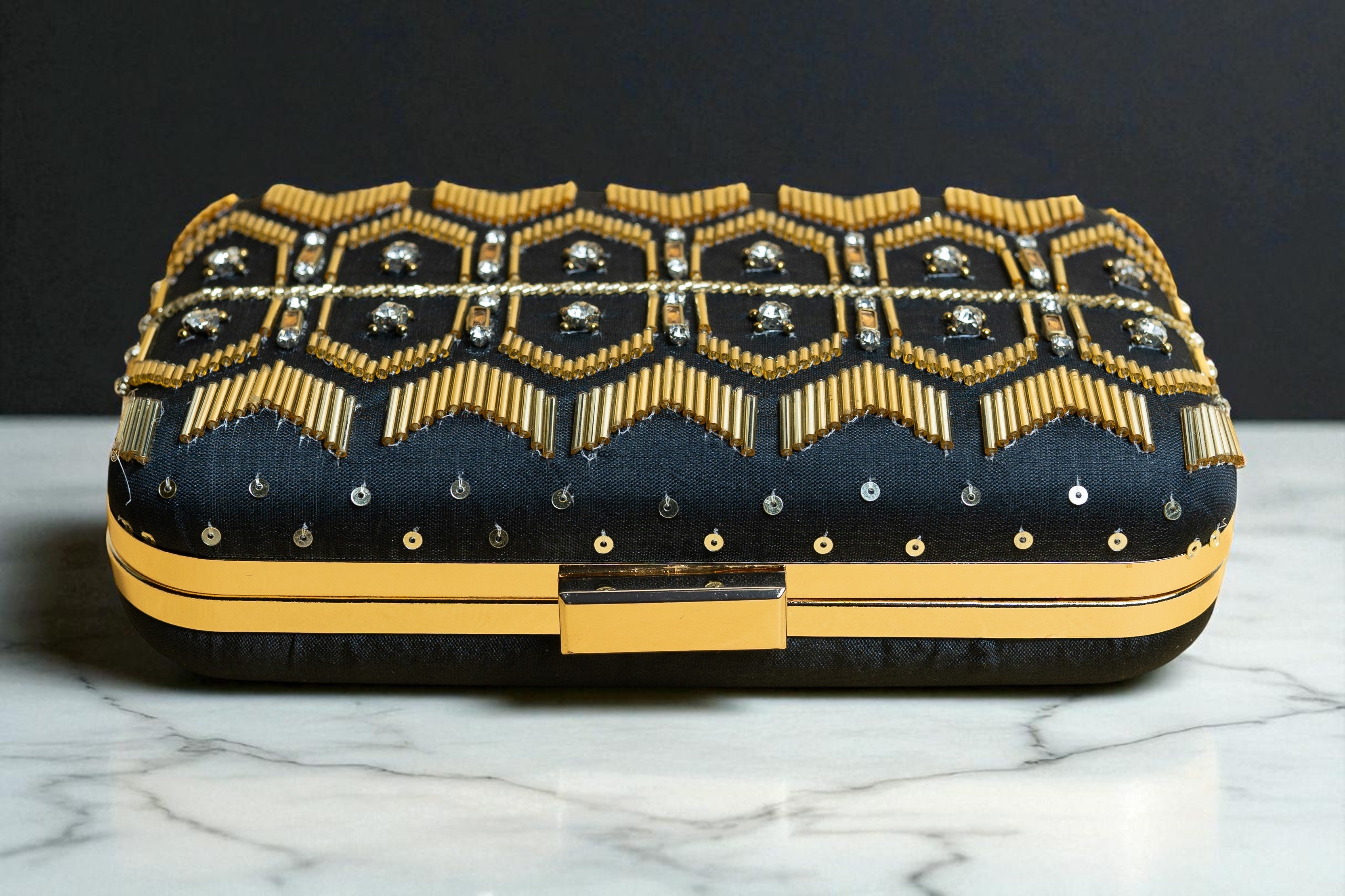 Black and Gold silk clutch purse/bag with detachable metal sling