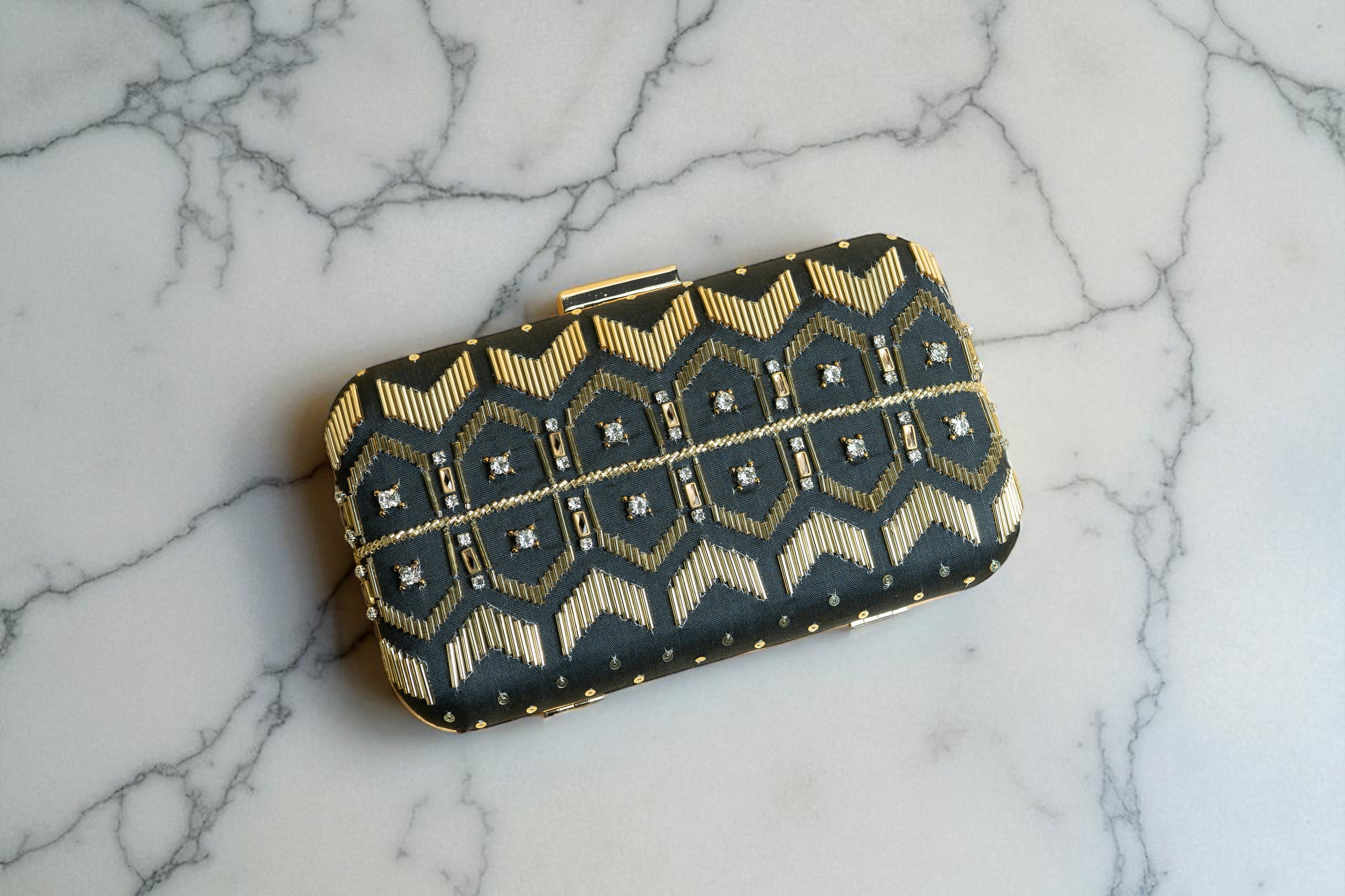 Black and Gold silk clutch purse/bag with detachable metal sling