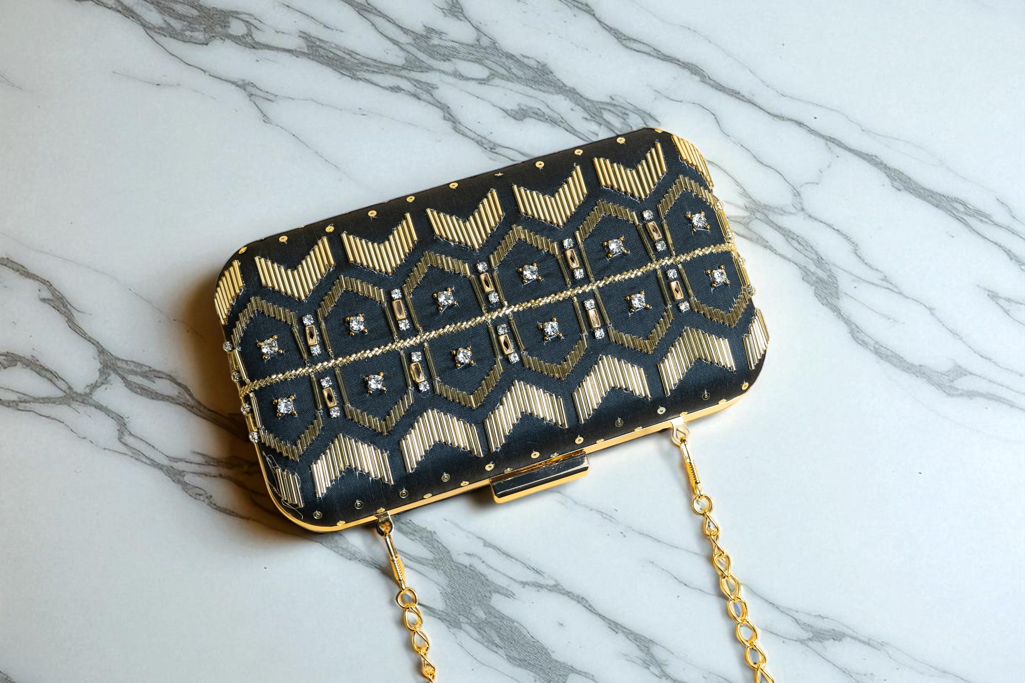 Black and Gold silk clutch purse/bag with detachable metal sling