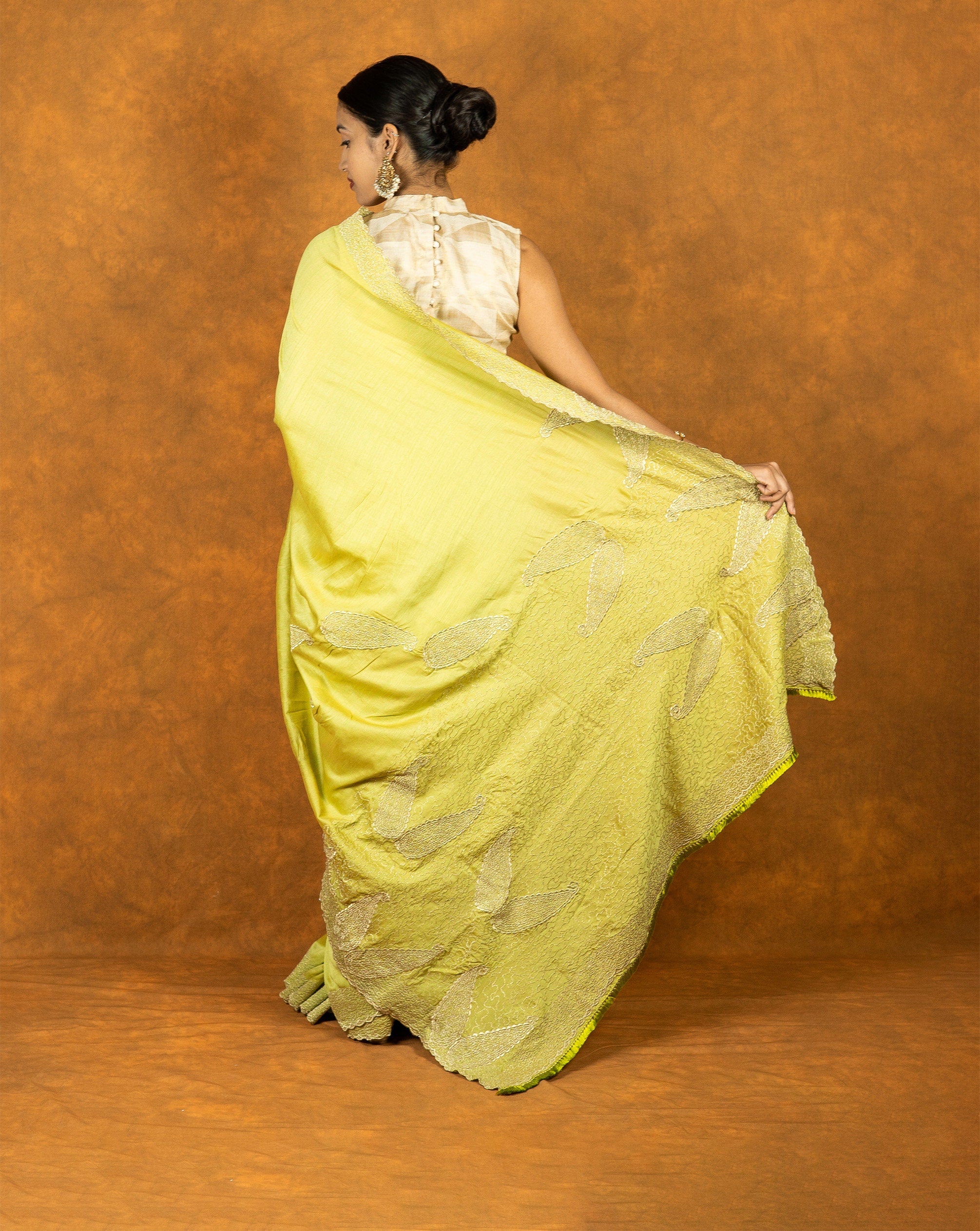 Lemon Green chinon silk embroidered saree