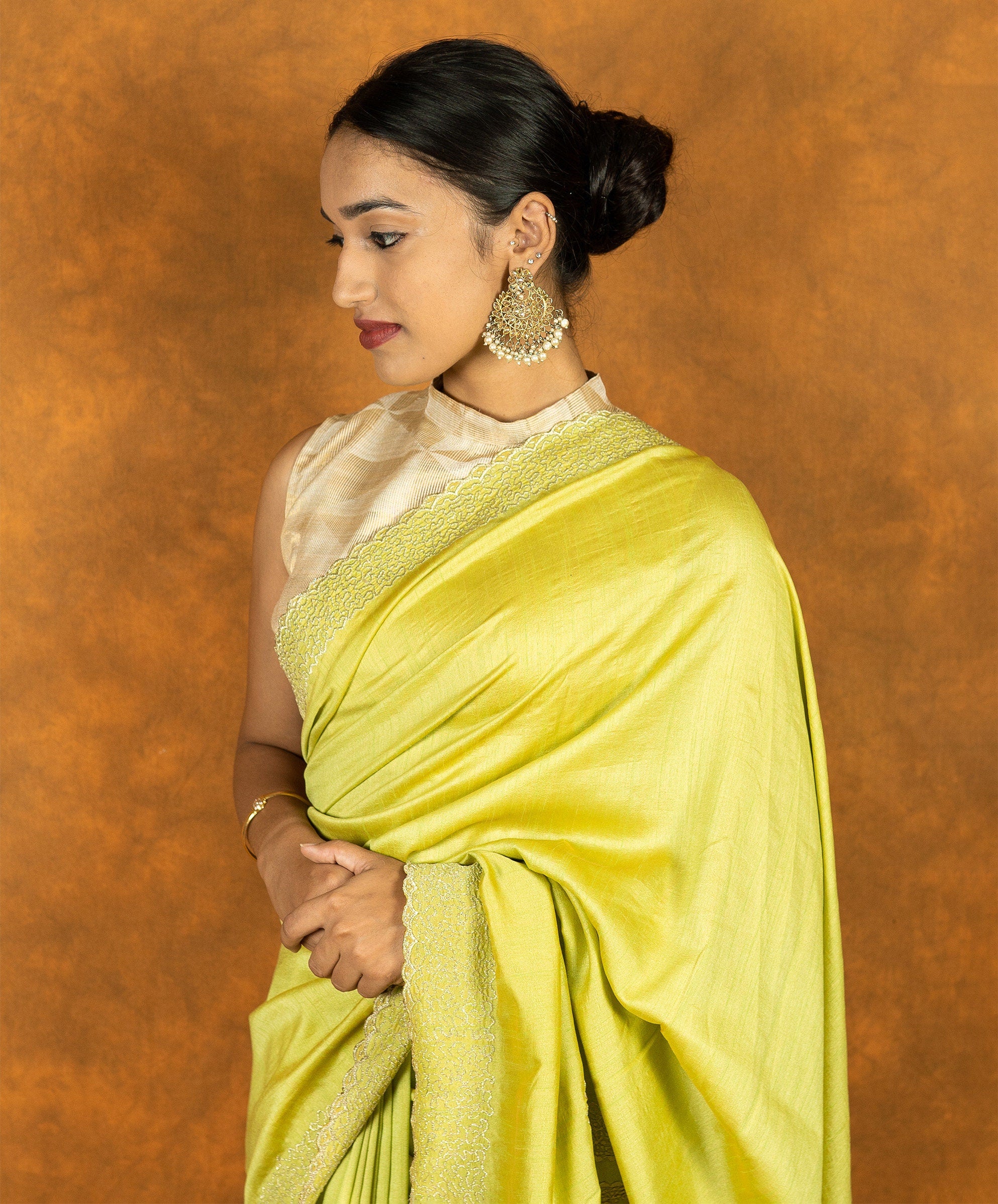 Lemon Green chinon silk embroidered saree