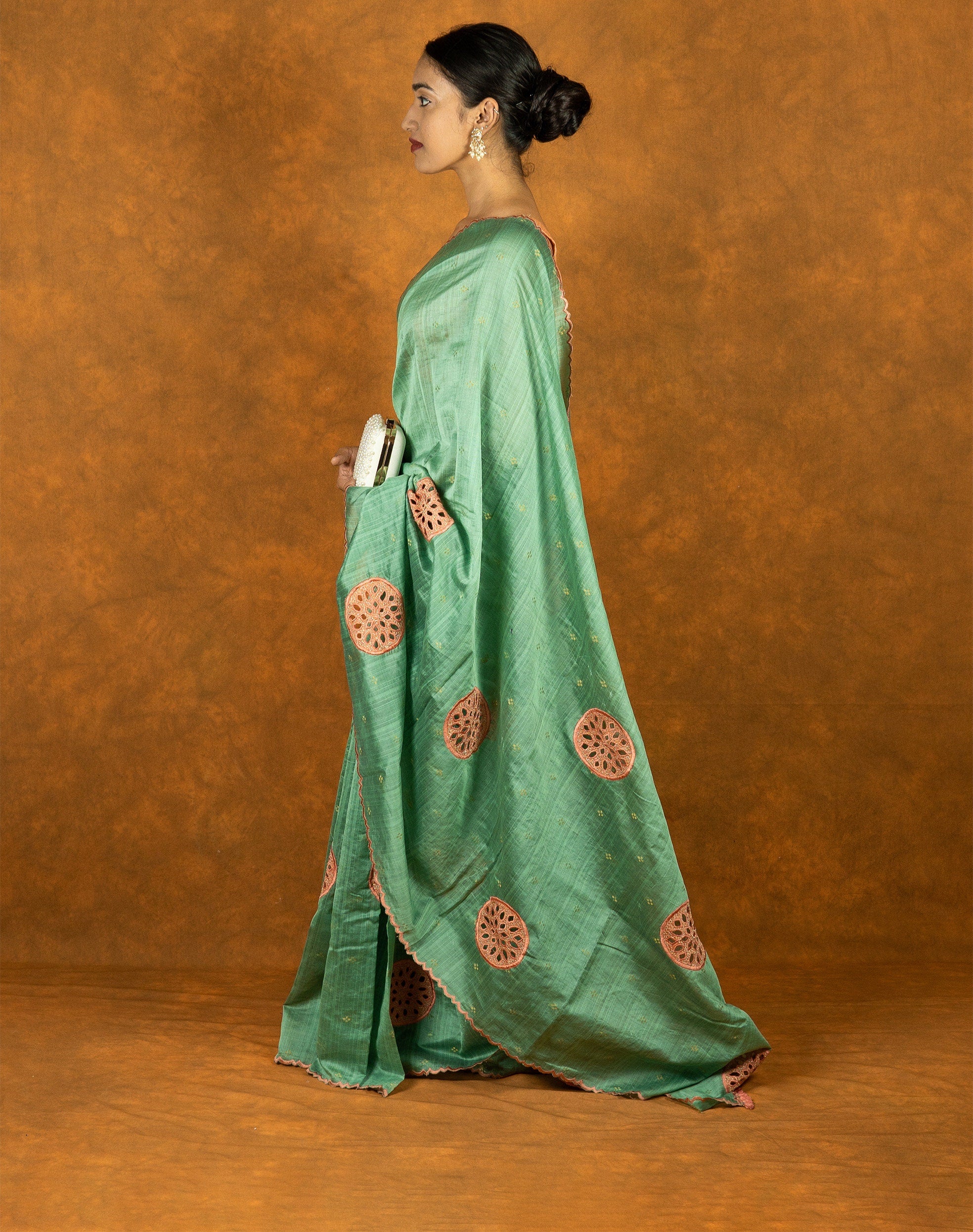 Seafoam green embroidered cutwork saree