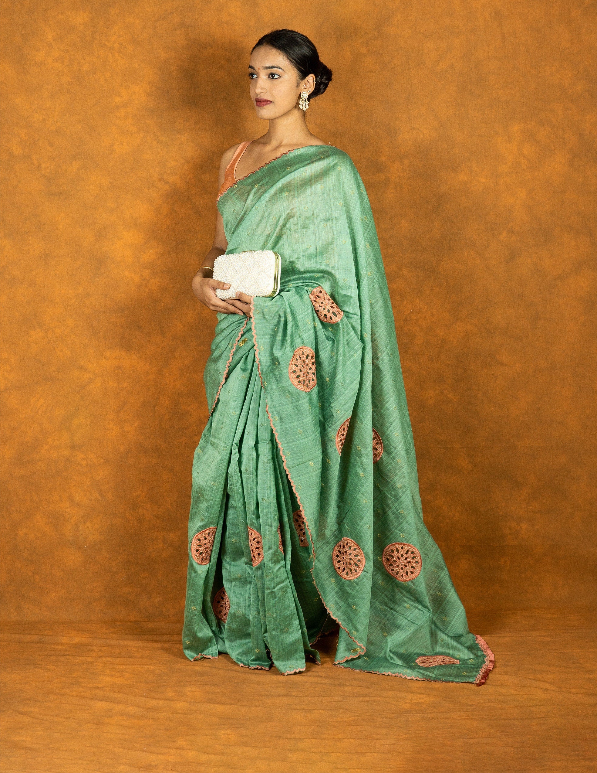 Seafoam green embroidered cutwork saree