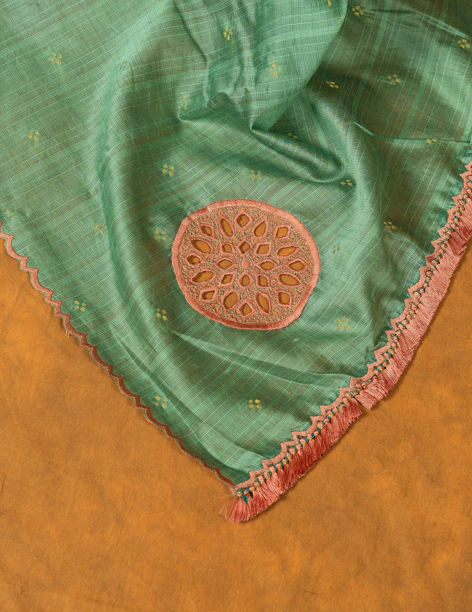 Seafoam green embroidered cutwork saree