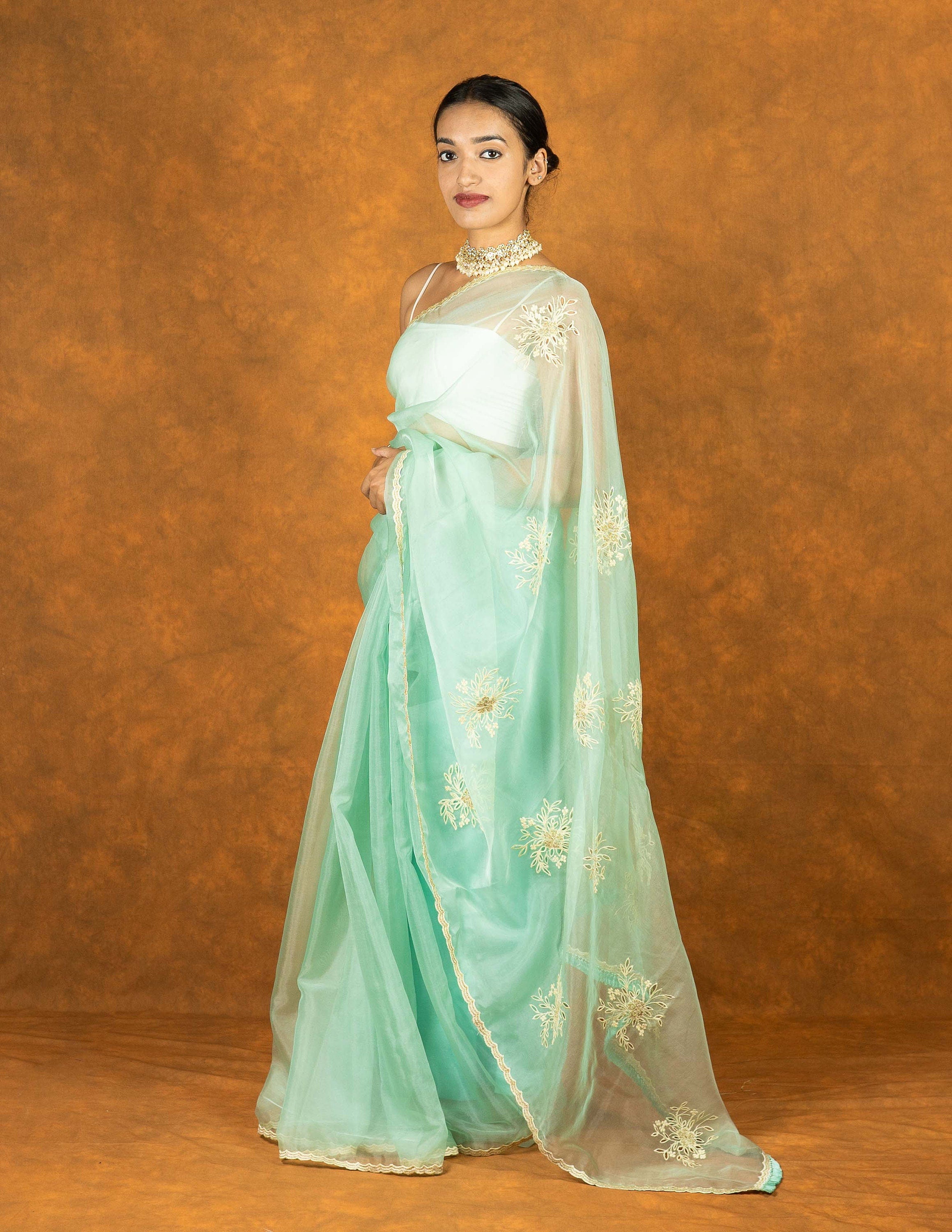 Electric blue organza silk hand embroidered saree