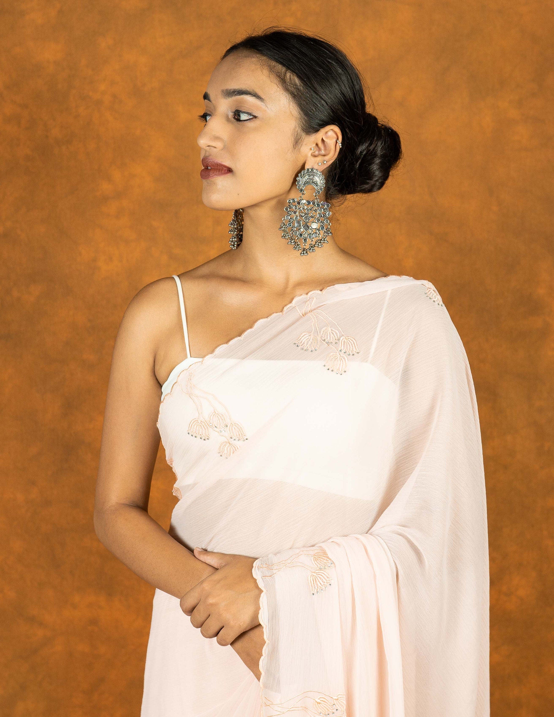 Pink Chiffon hand embroidered saree