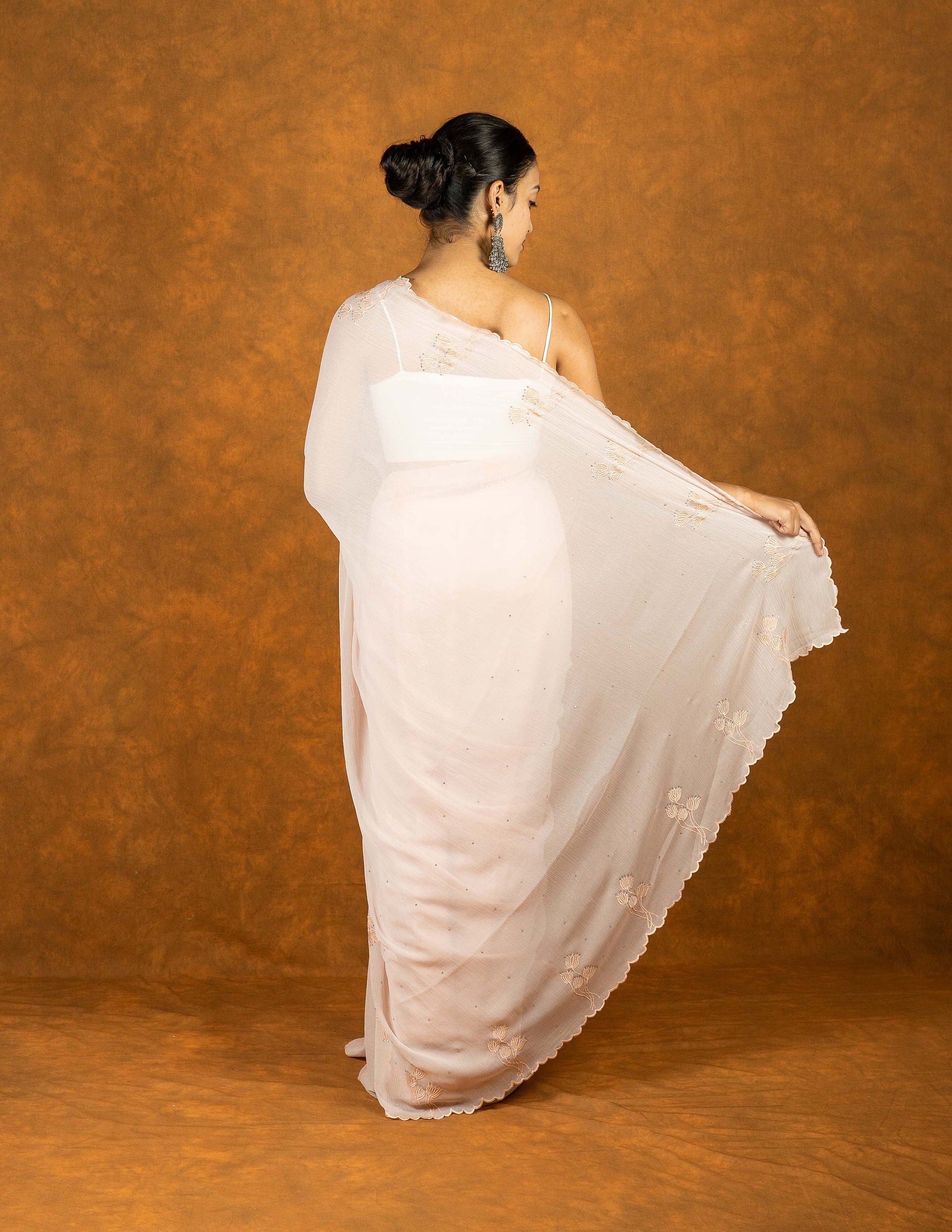 Pink Chiffon hand embroidered saree
