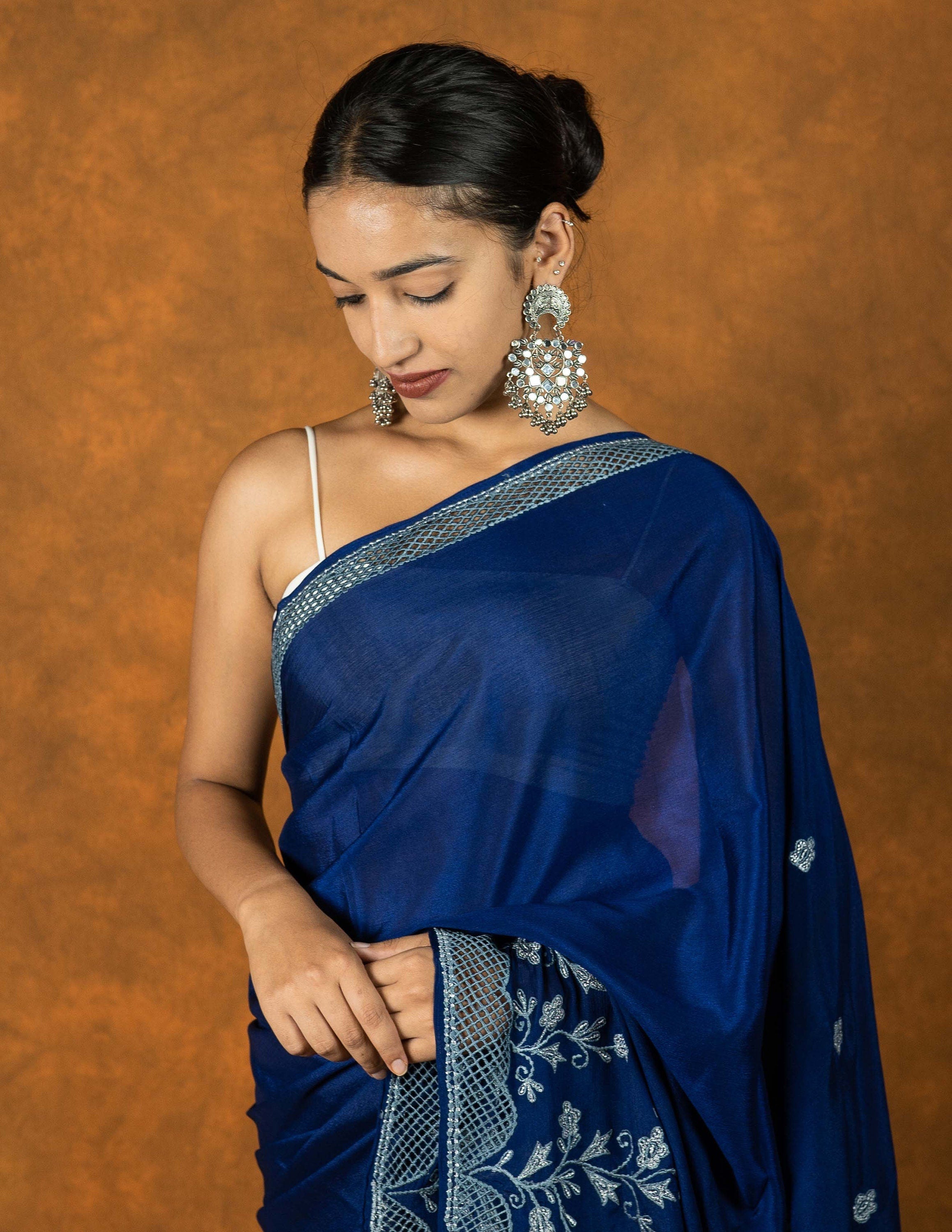 Navy Blue chiffon cutwork embroidered saree