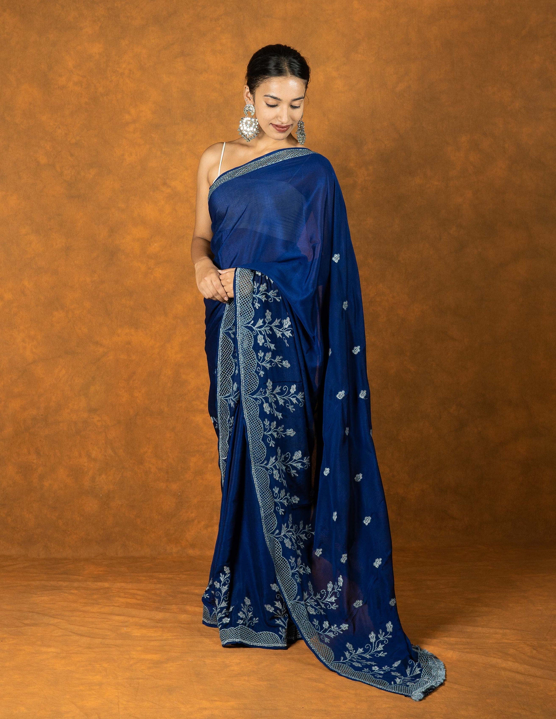 Navy Blue chiffon cutwork embroidered saree