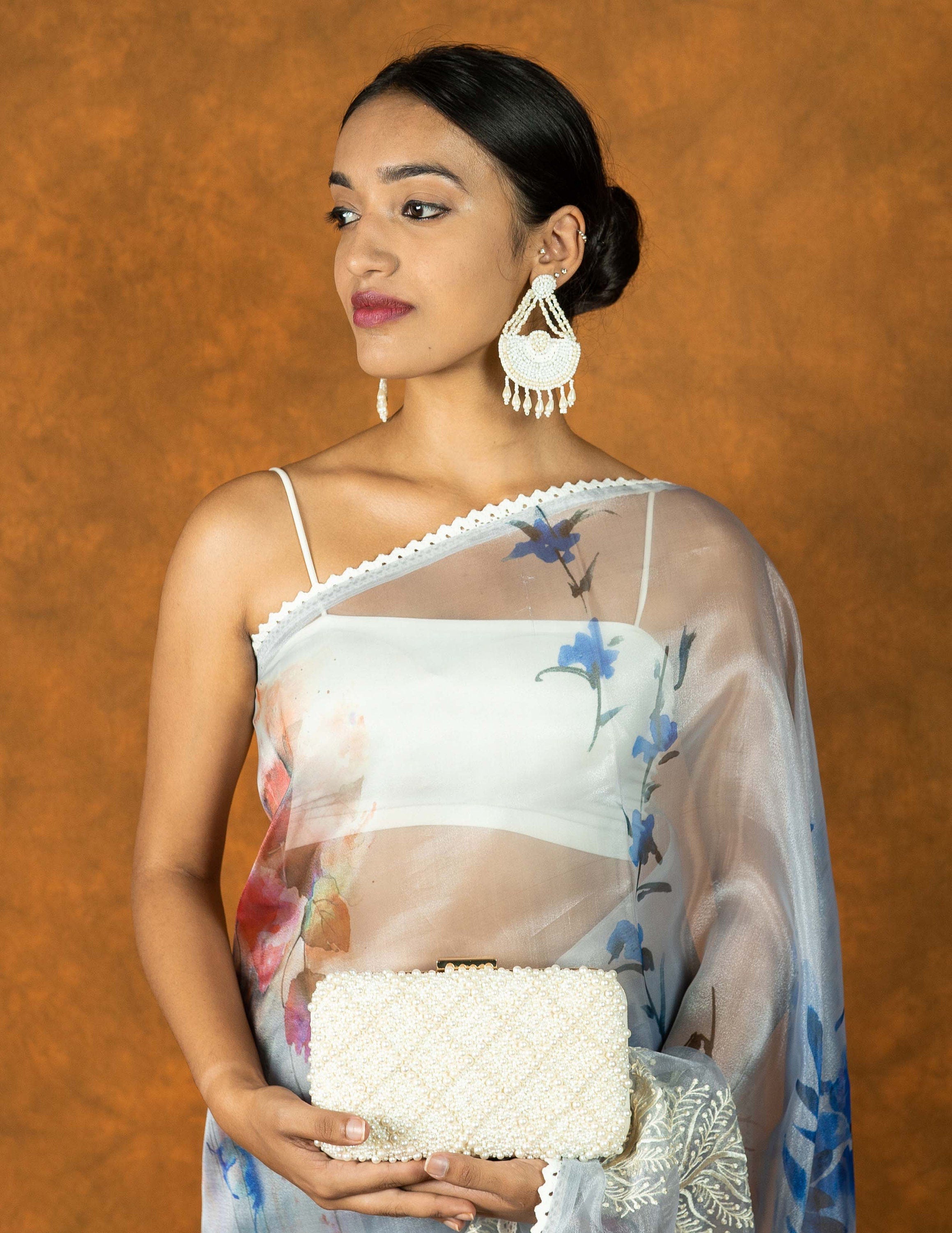 Ink Blue white Organza embroidered saree