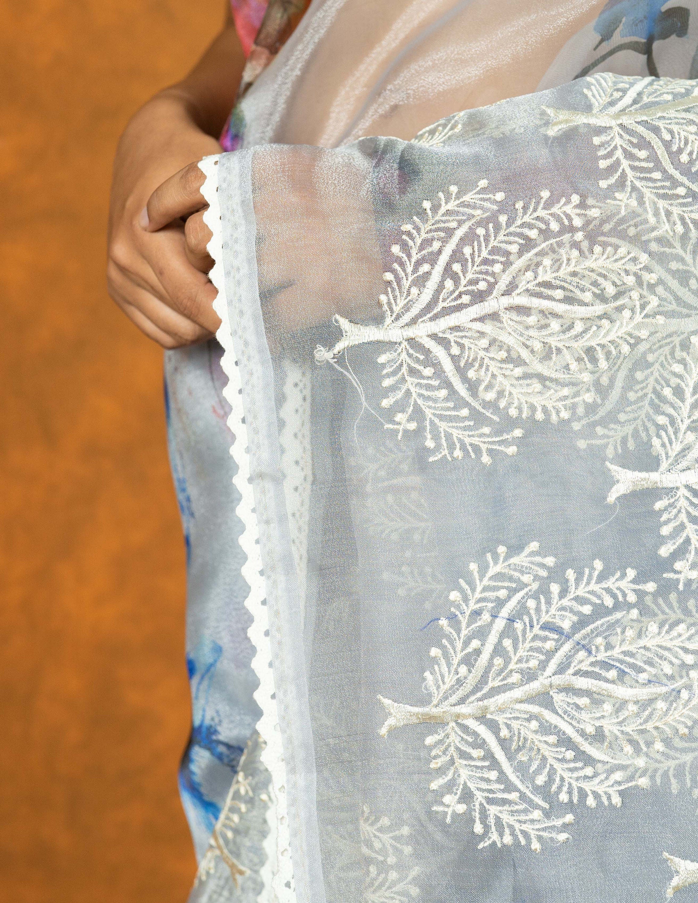 Ink Blue white Organza embroidered saree