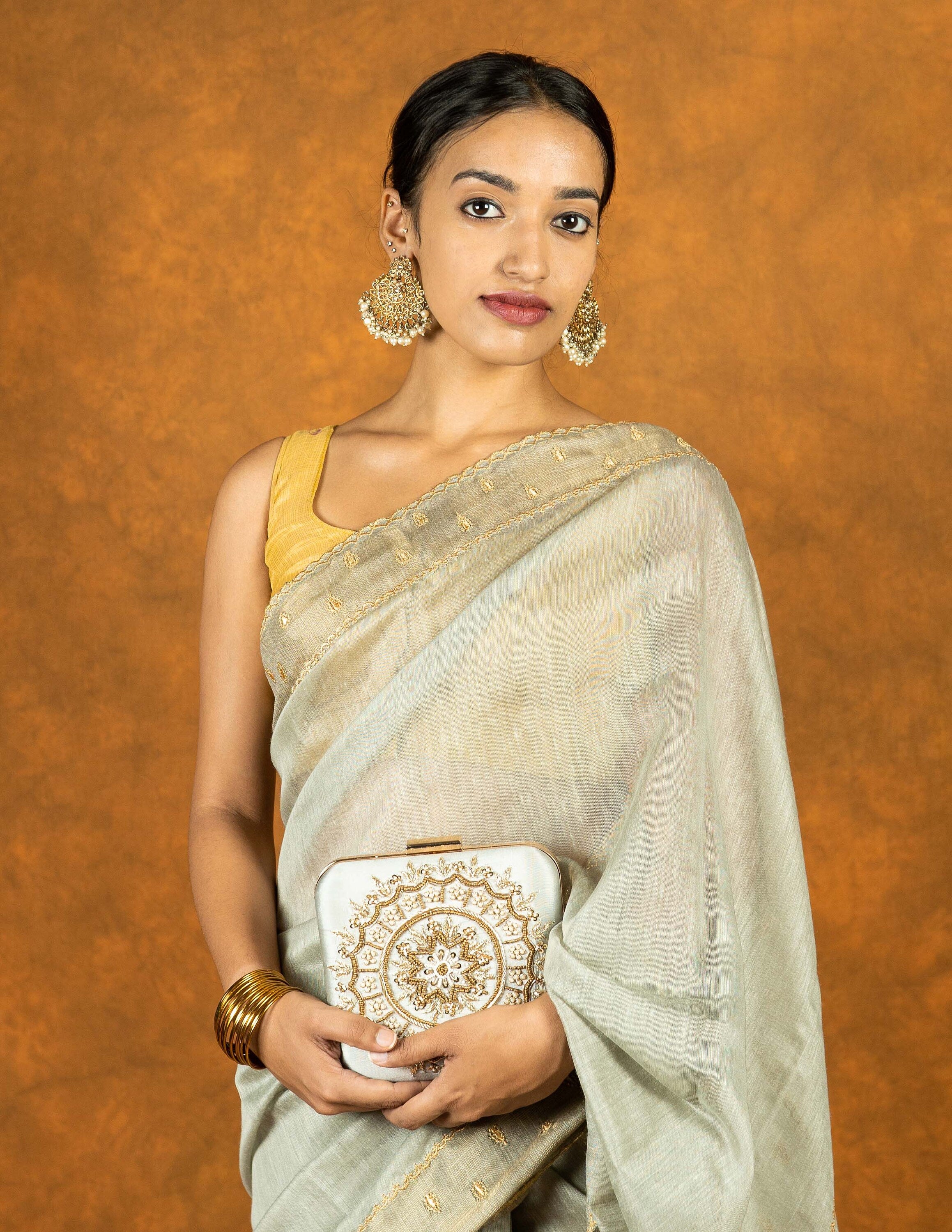 Hancock green/gray linen with gold zari embroidered saree