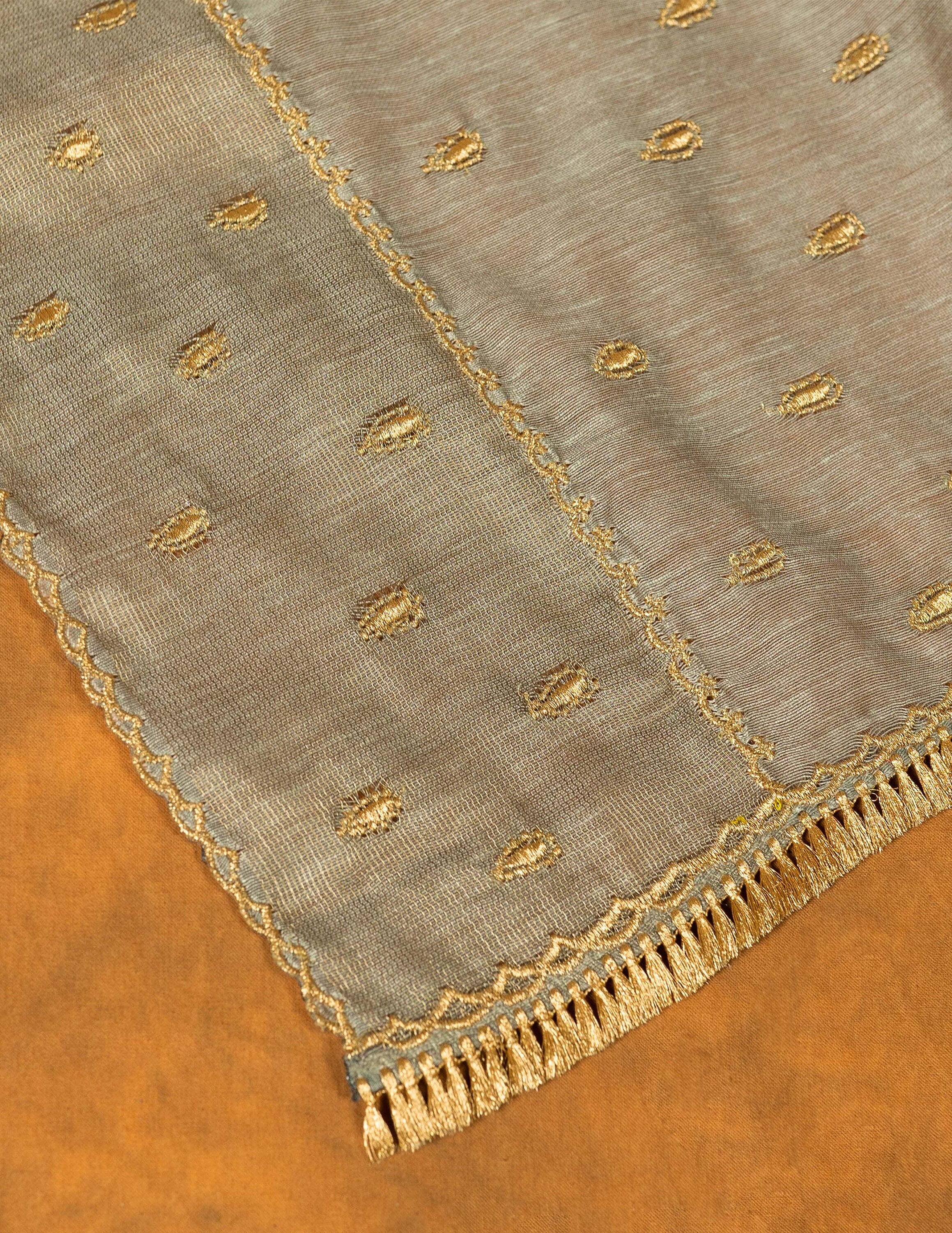Hancock green/gray linen with gold zari embroidered saree