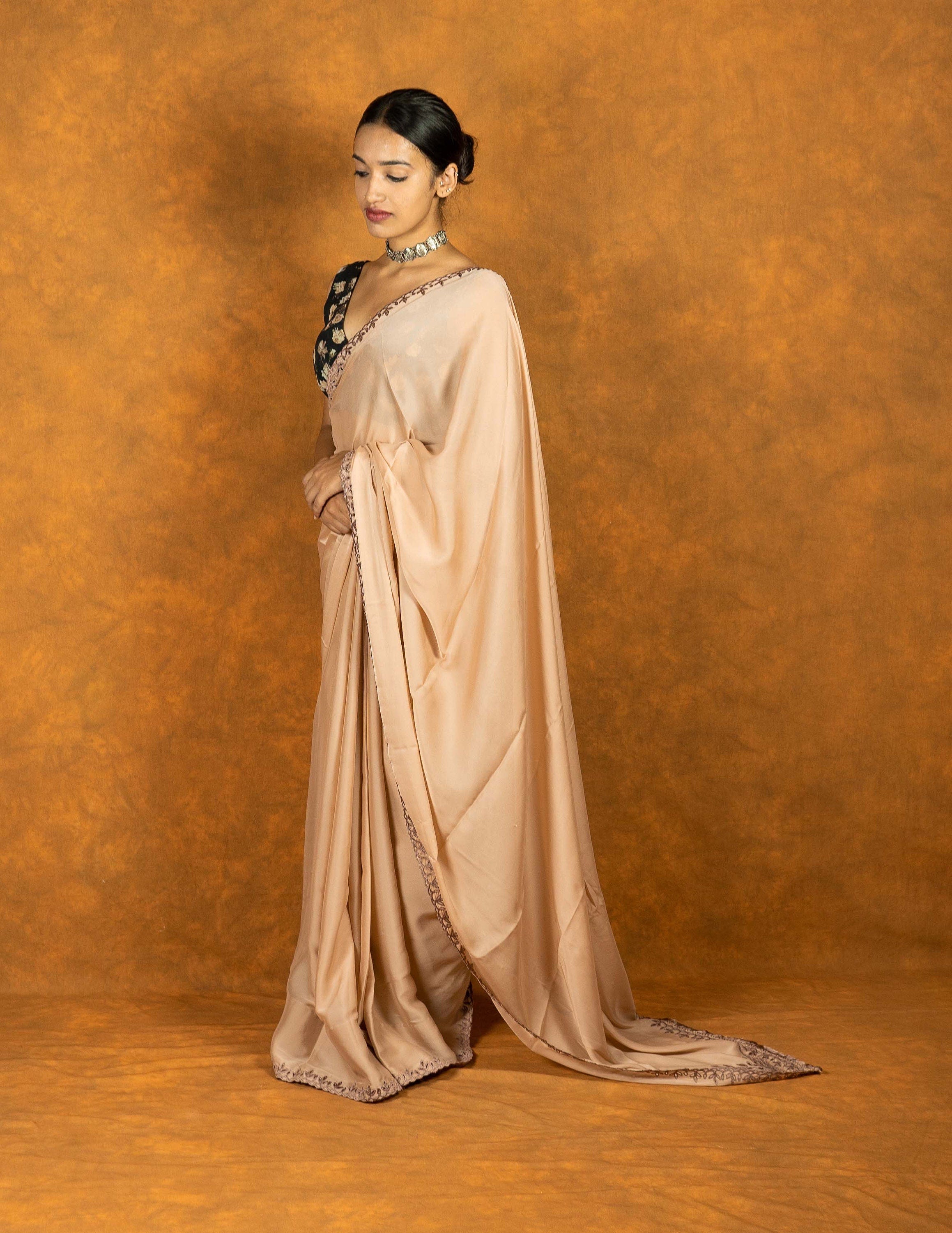 Light brown chiffon embroidered cutwork saree