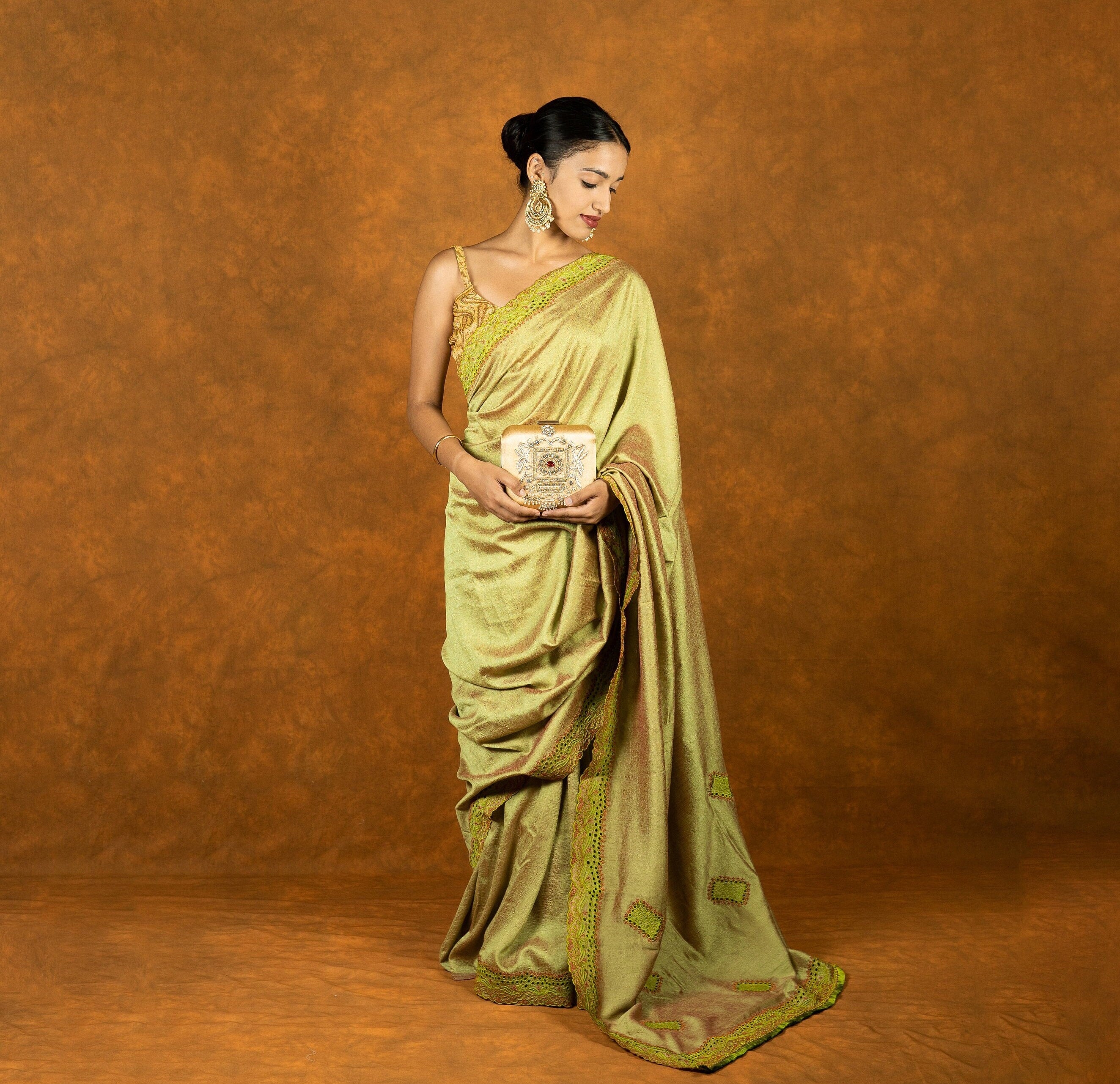 Green chinnon silk cutwork embroidered saree