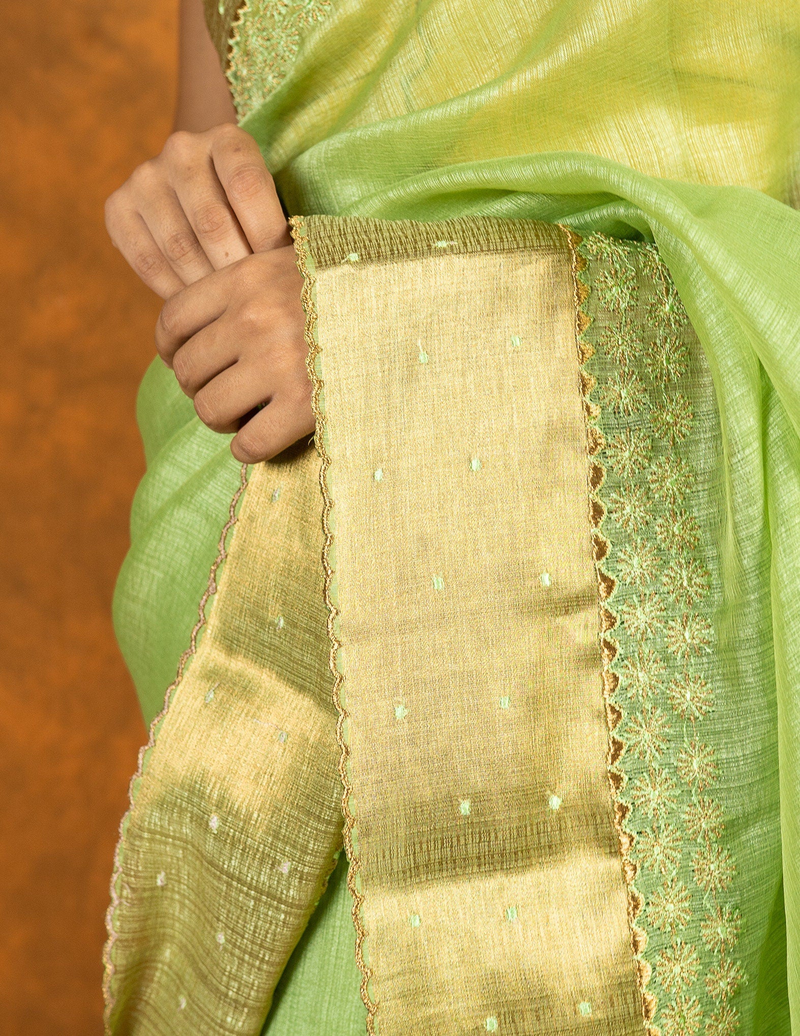 Green linen silk blend zari embroidered saree