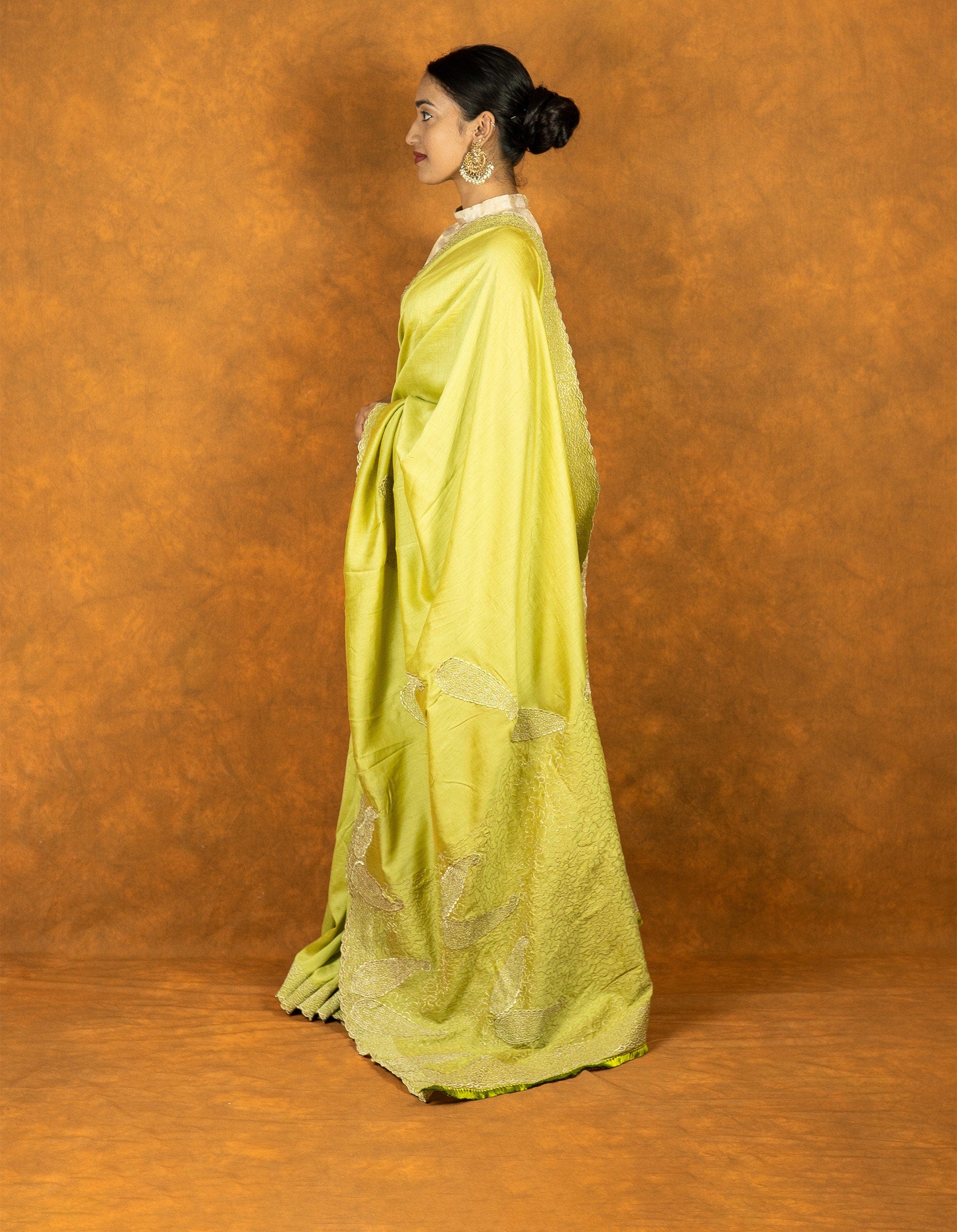 Lemon Green chinon silk embroidered saree