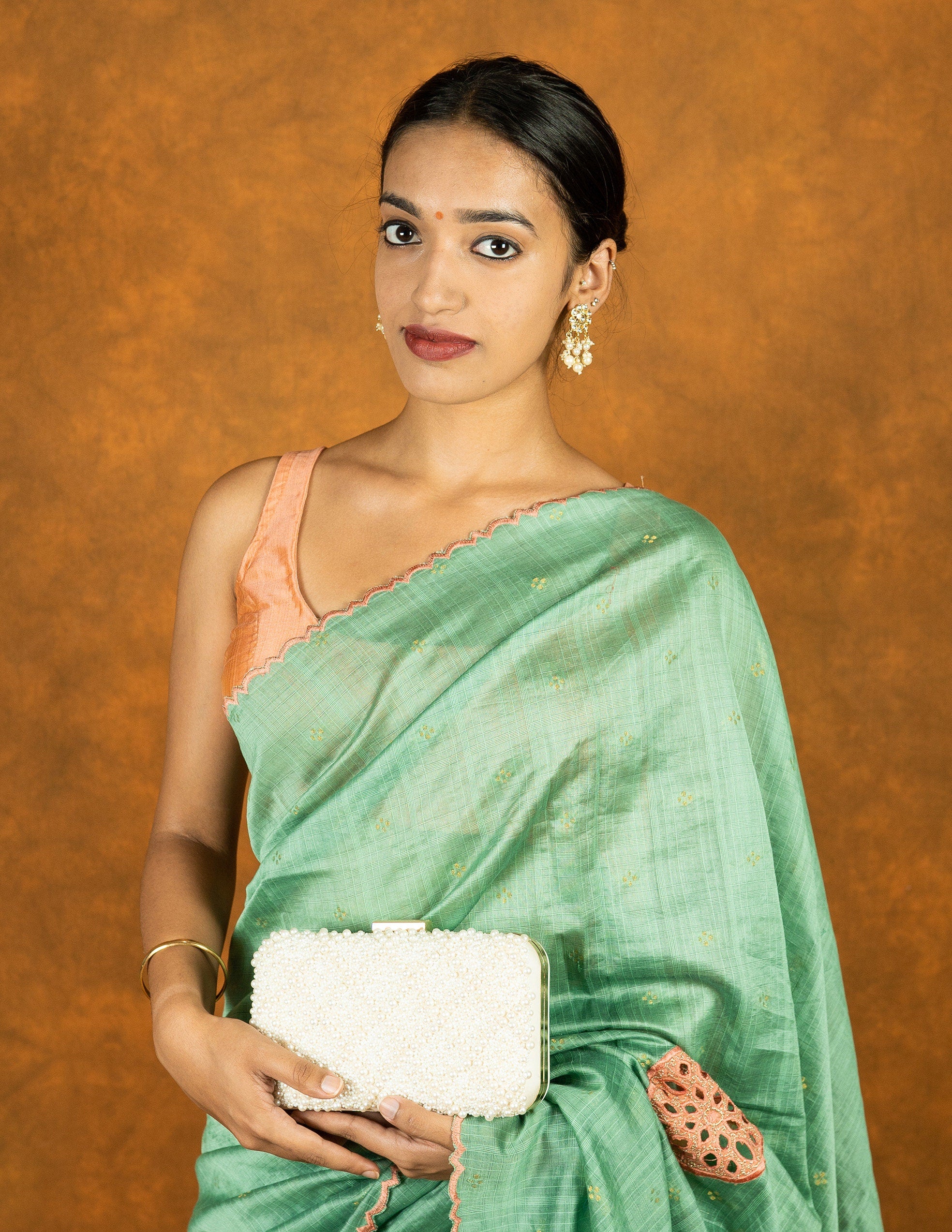 Seafoam green embroidered cutwork saree