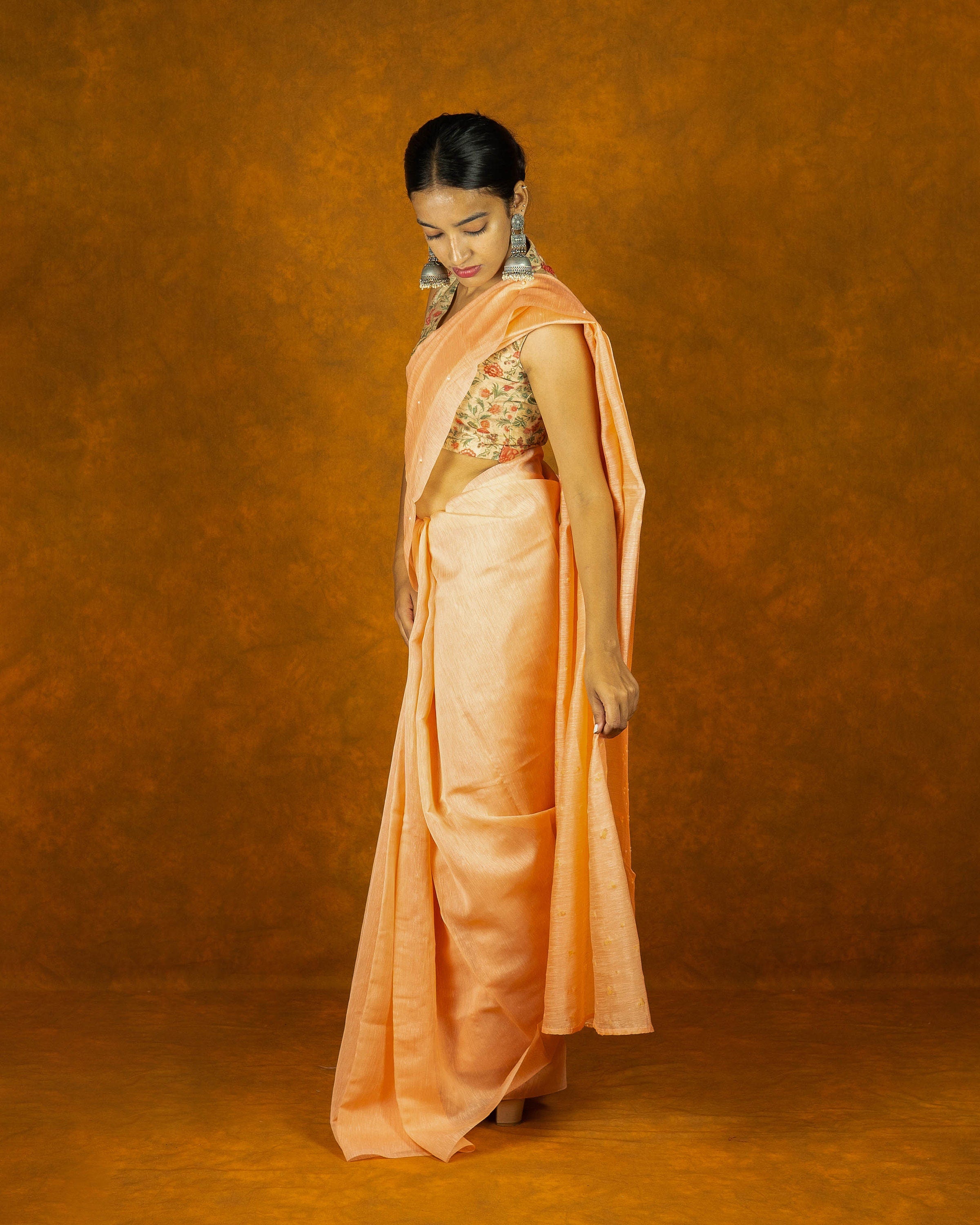 Light Orange cotton embroidery moti saree