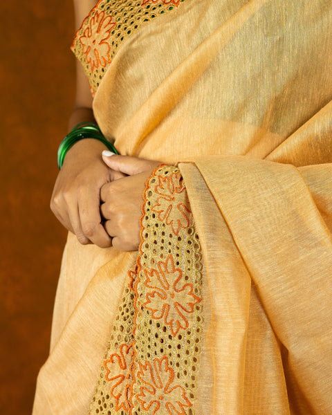 Beige brown cotton cutwork embroidery saree image 3