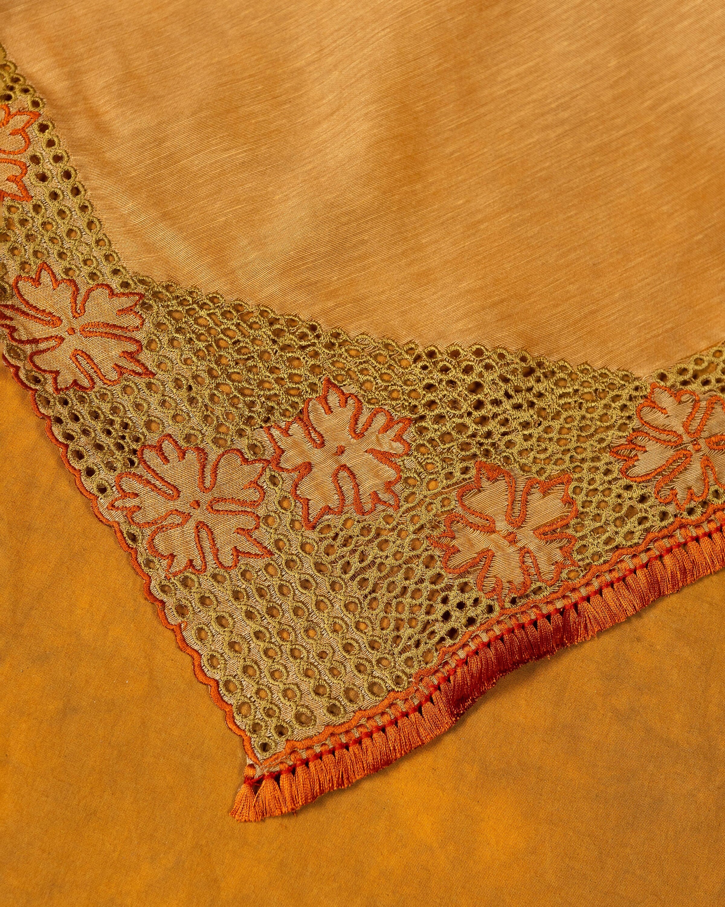Beige brown cotton cutwork embroidery saree