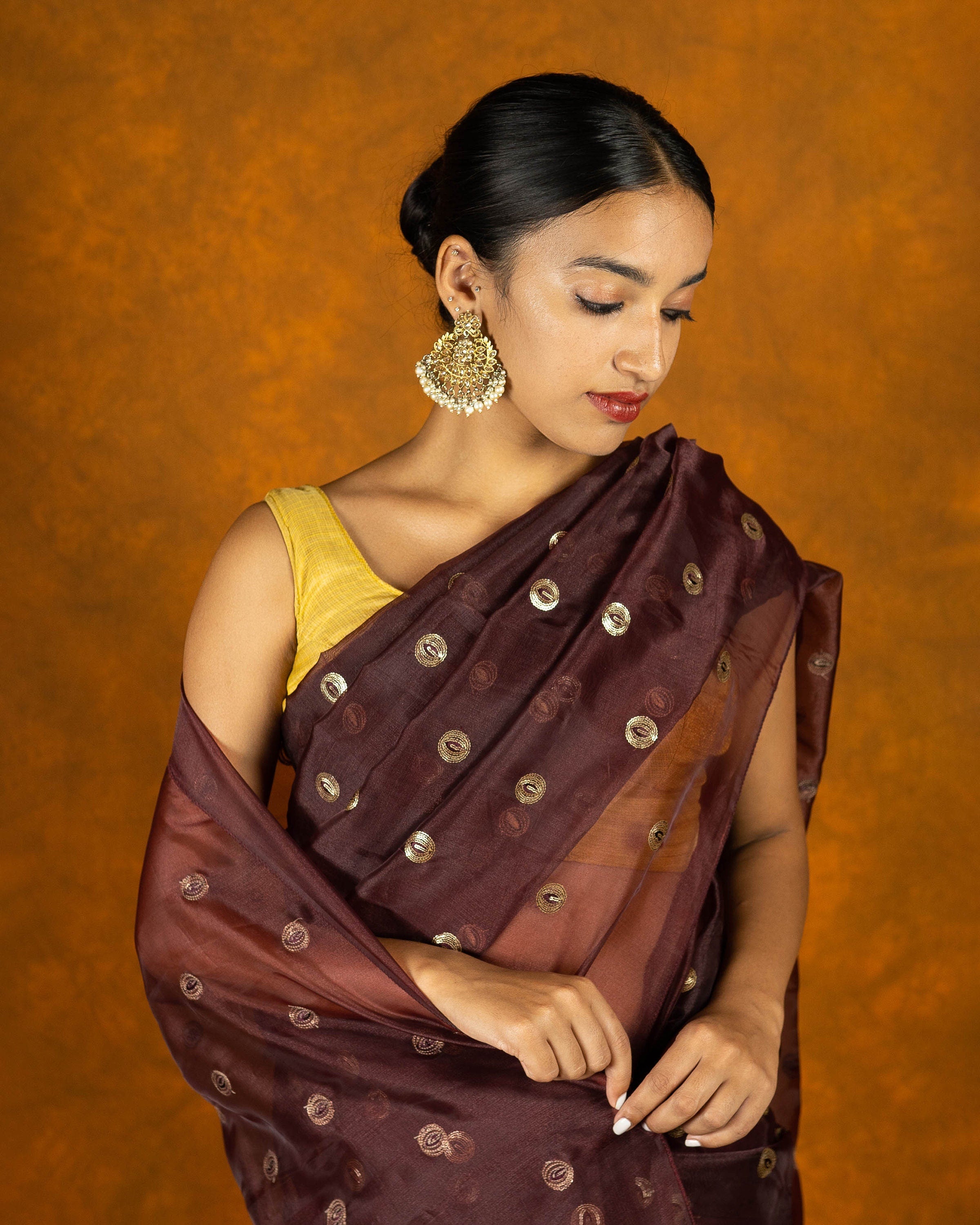 Grape Organza blend embroidery saree with gold work border and tassels