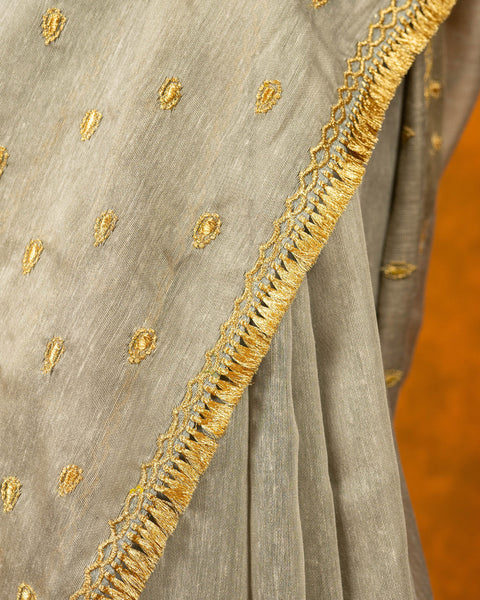 Gray cotton embroidery saree with gold work borde image 3