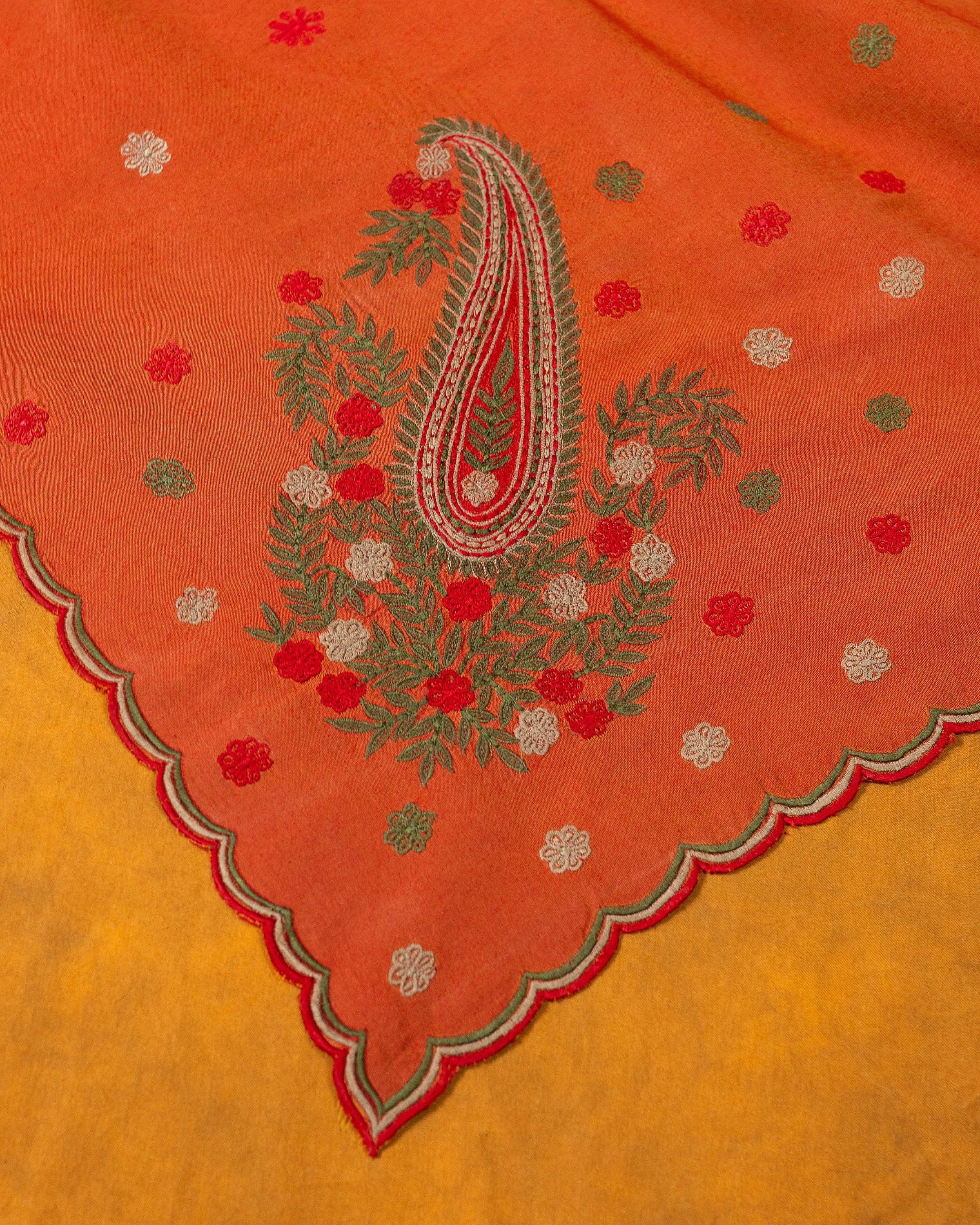 Burnt Orange cotton embroidery saree with scallop