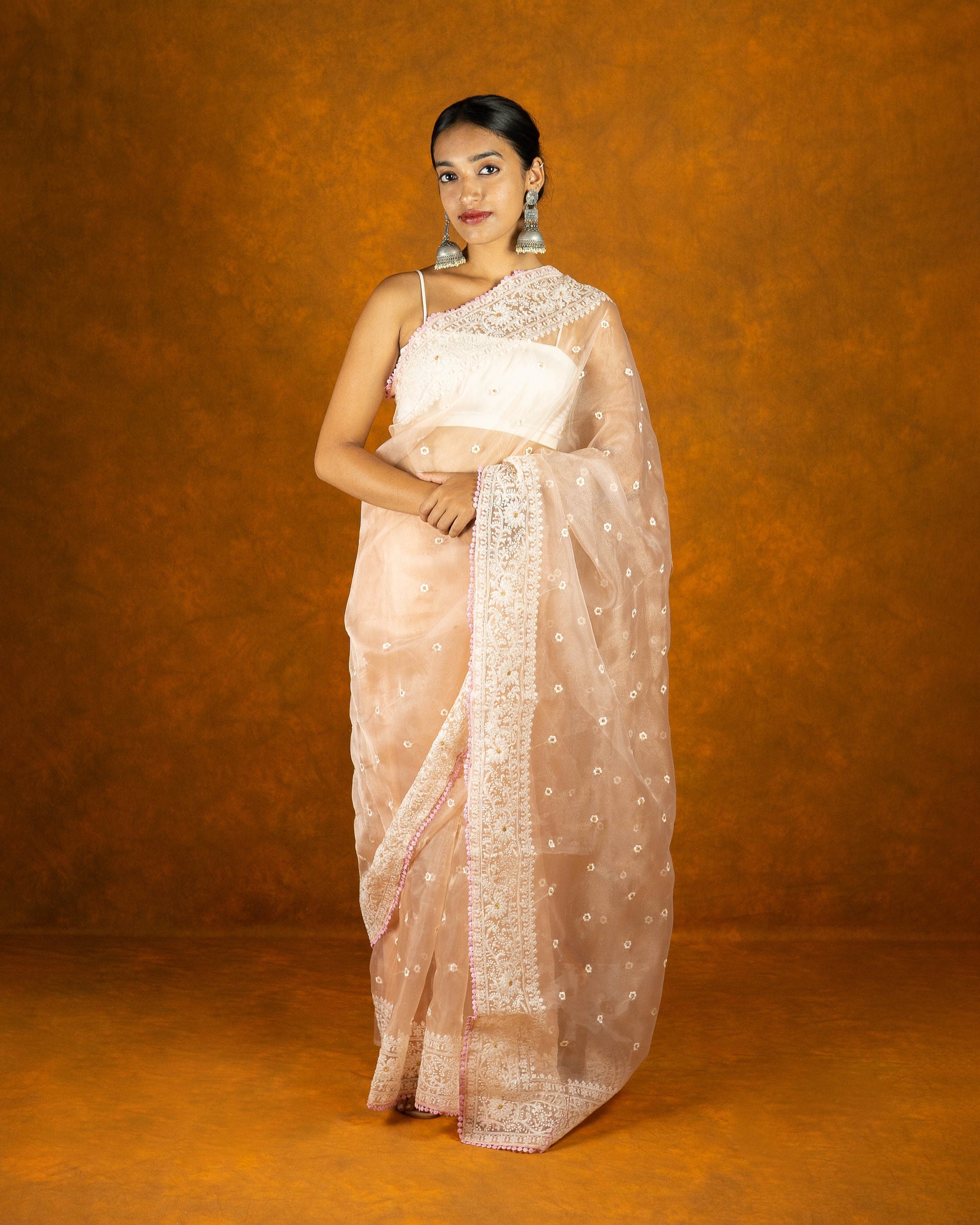 Pink organza embroidery saree