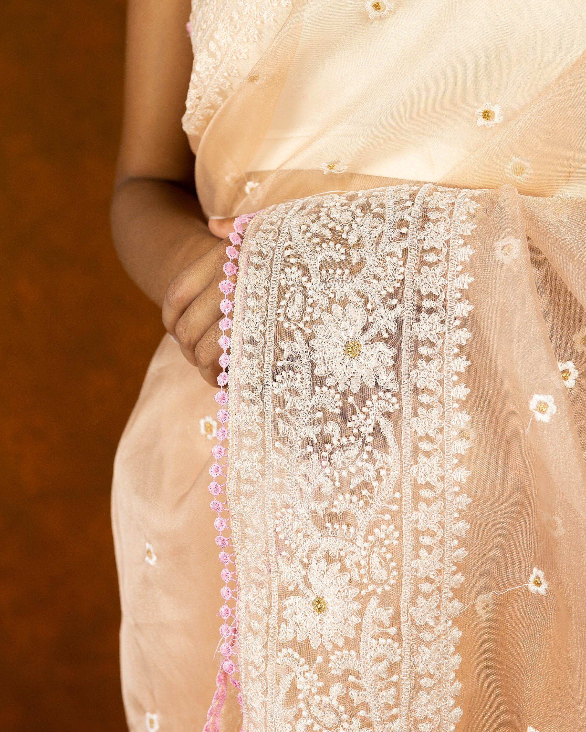 Pink organza embroidery saree