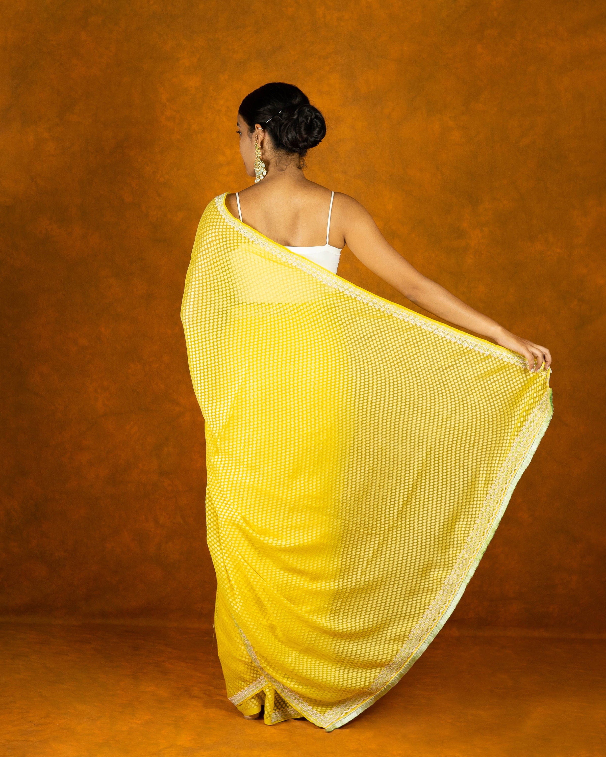 Yellow brasso embroidery saree, festive designer saree