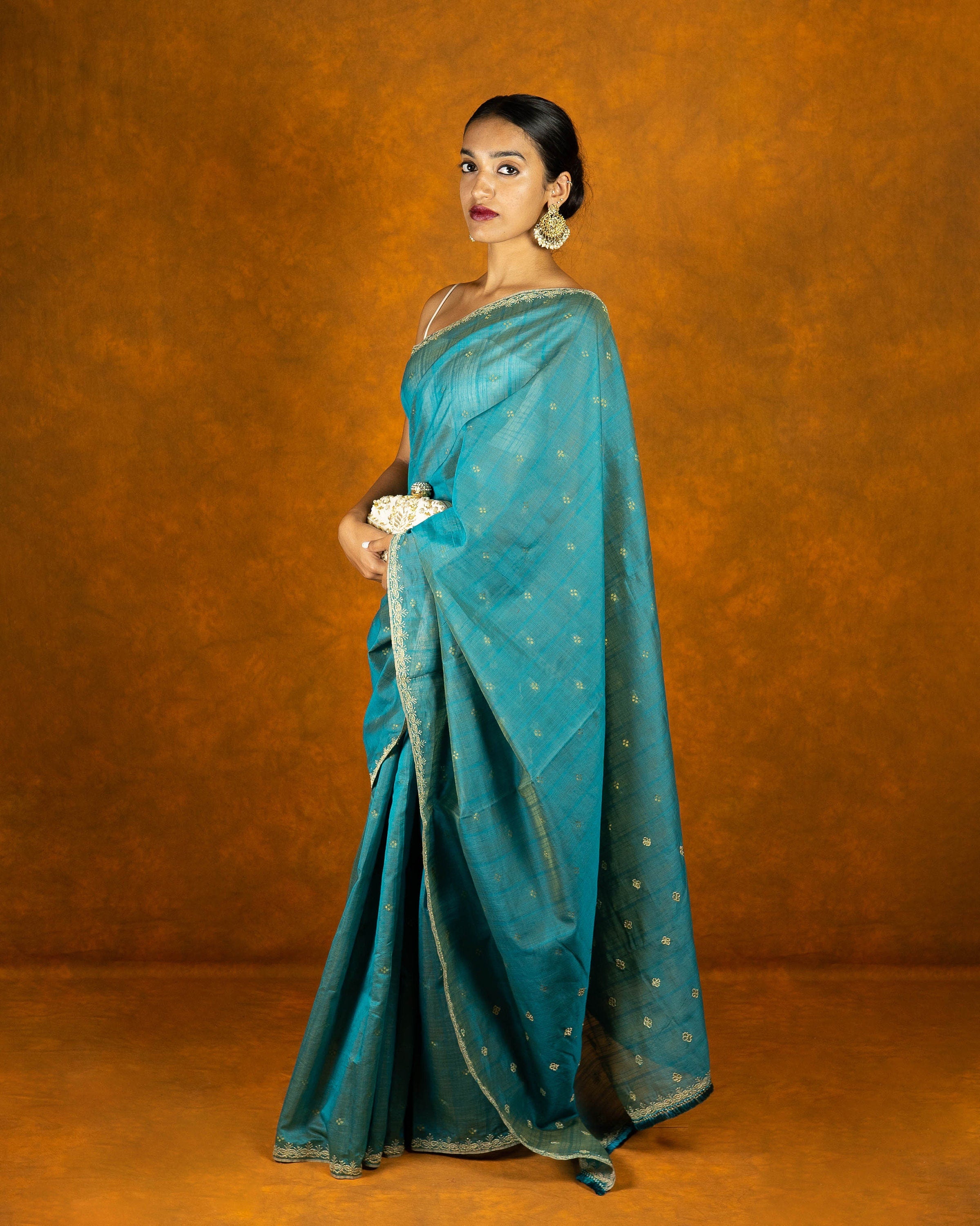 Tiffany blue handloom jute embroidery saree with tassels