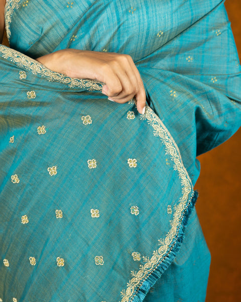 Tiffany blue handloom  jute embroidery saree with tassels image 3