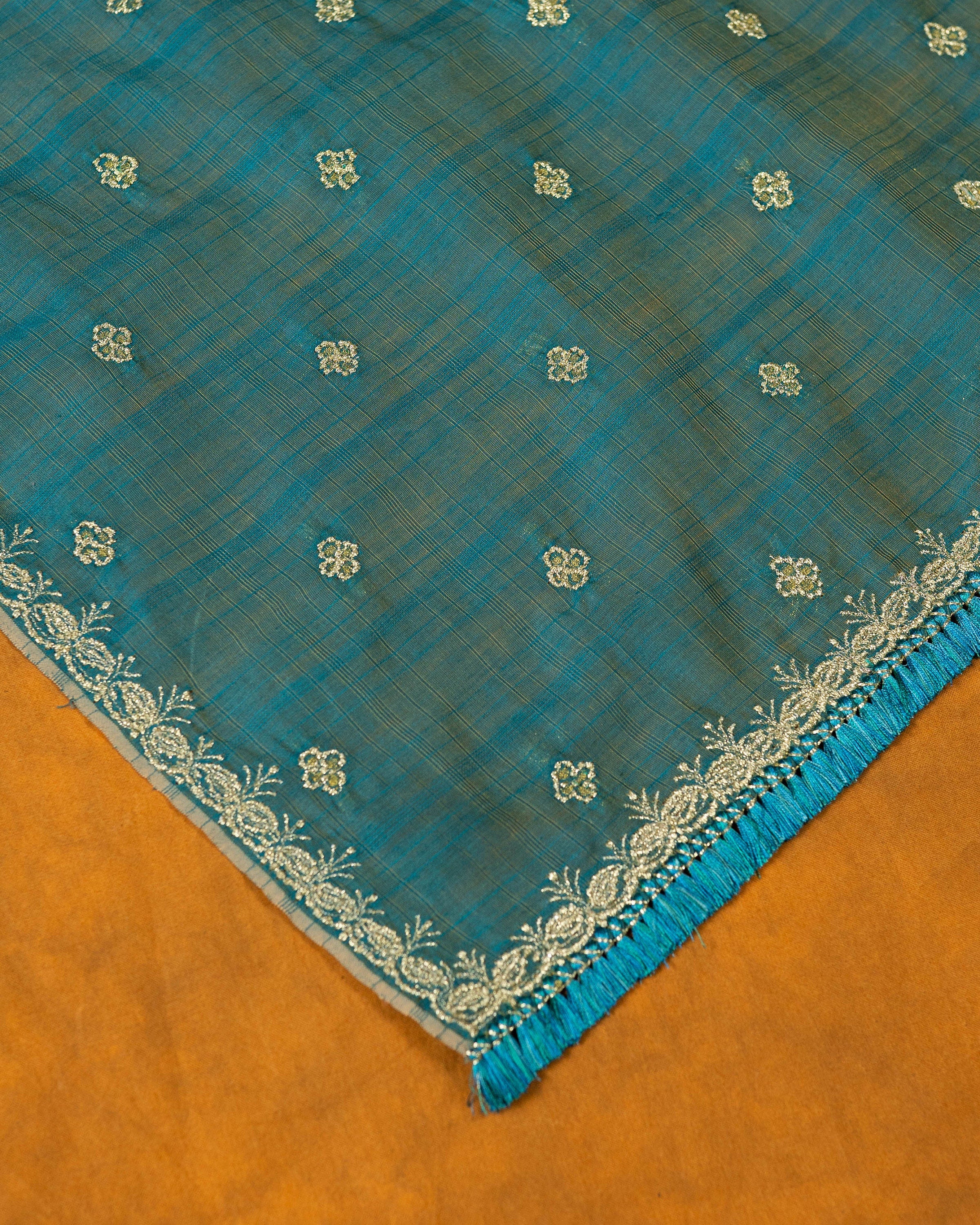 Tiffany blue handloom jute embroidery saree with tassels