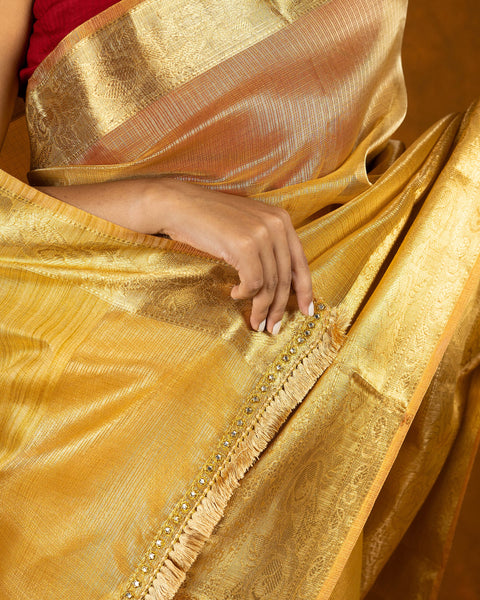 Gold jute silk saree with stone work border and tassel image 3