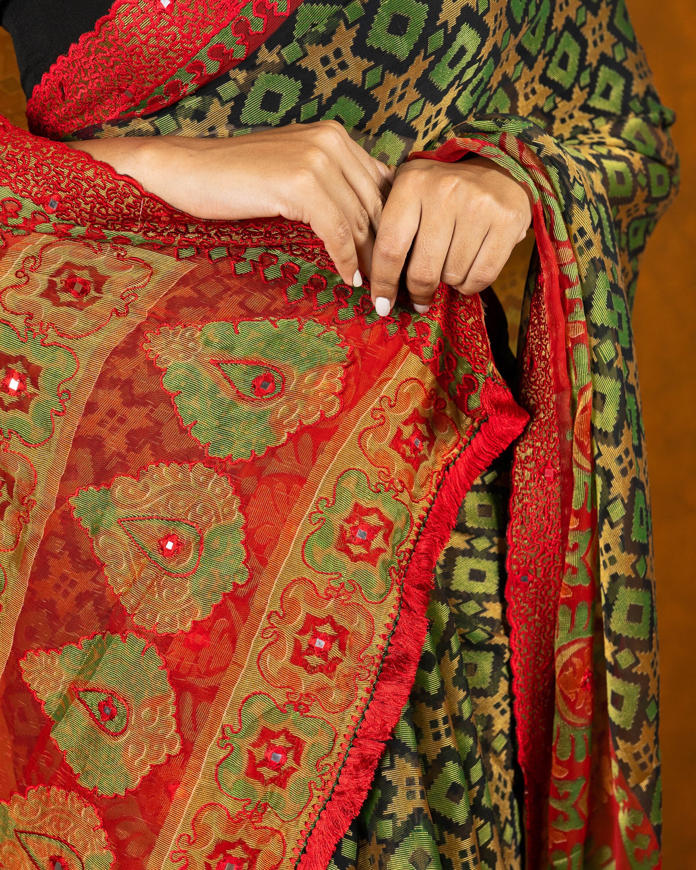 Multicolor brasso embroidery saree with tassels and mirror work