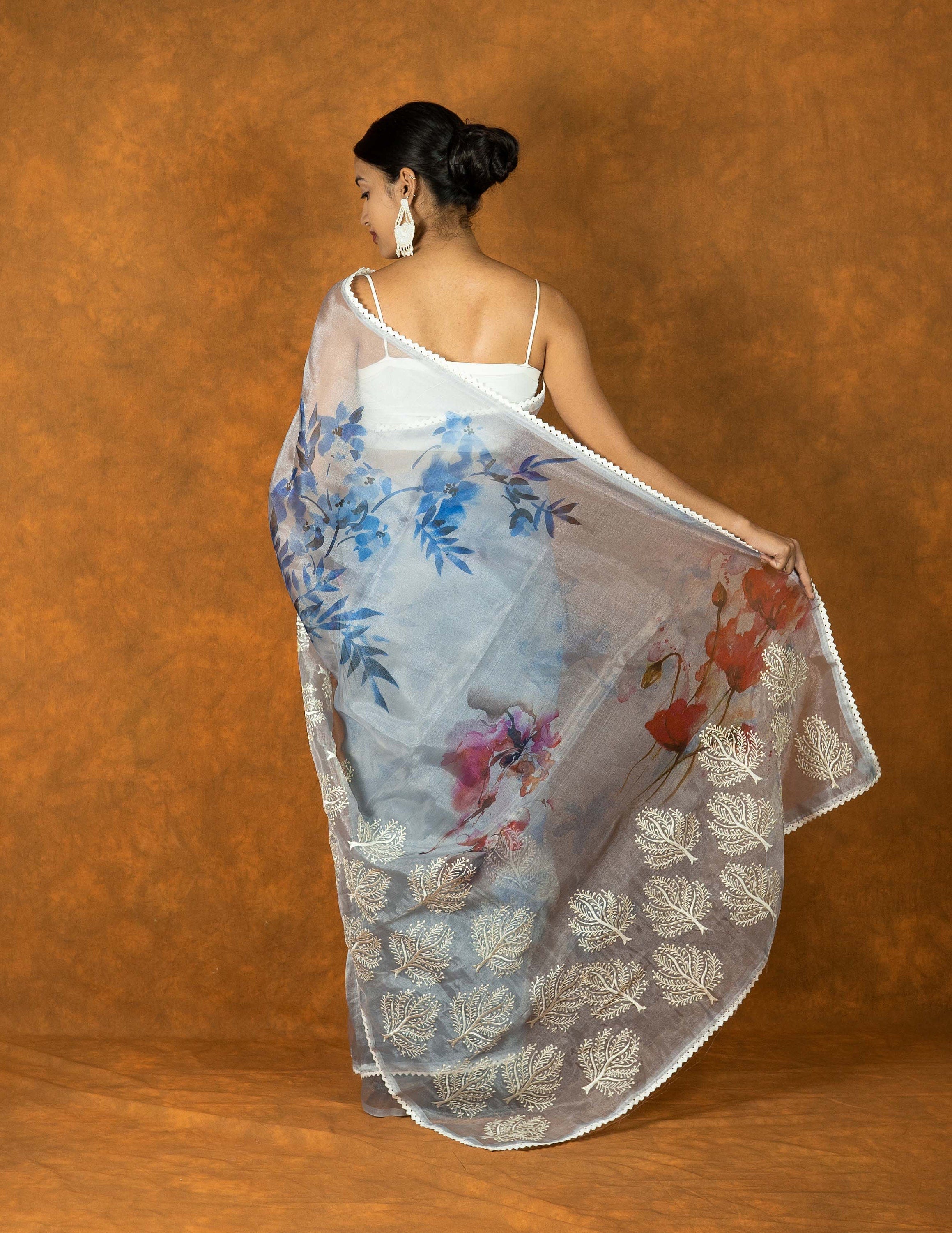 Ink Blue white Organza embroidered saree